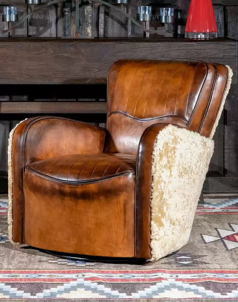 American made Leather & Shearling Swivel Chair - Your Western Decor