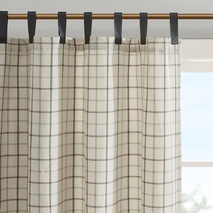 Beige Plaid Lined Curtain Panel with faux leather tabs - Your Western Decor