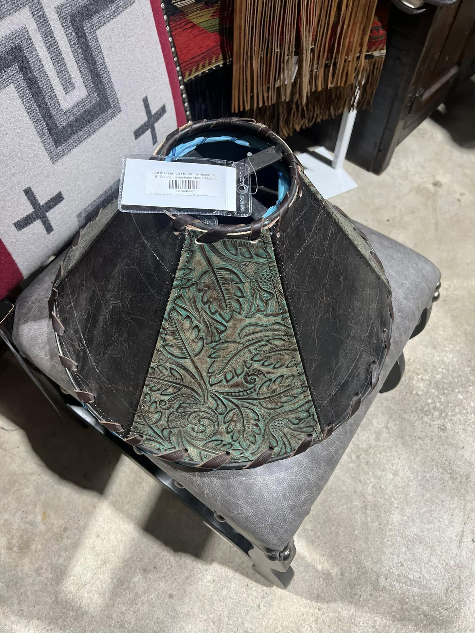 floral turquoise tooled leather and smooth leather handmade lamp shade