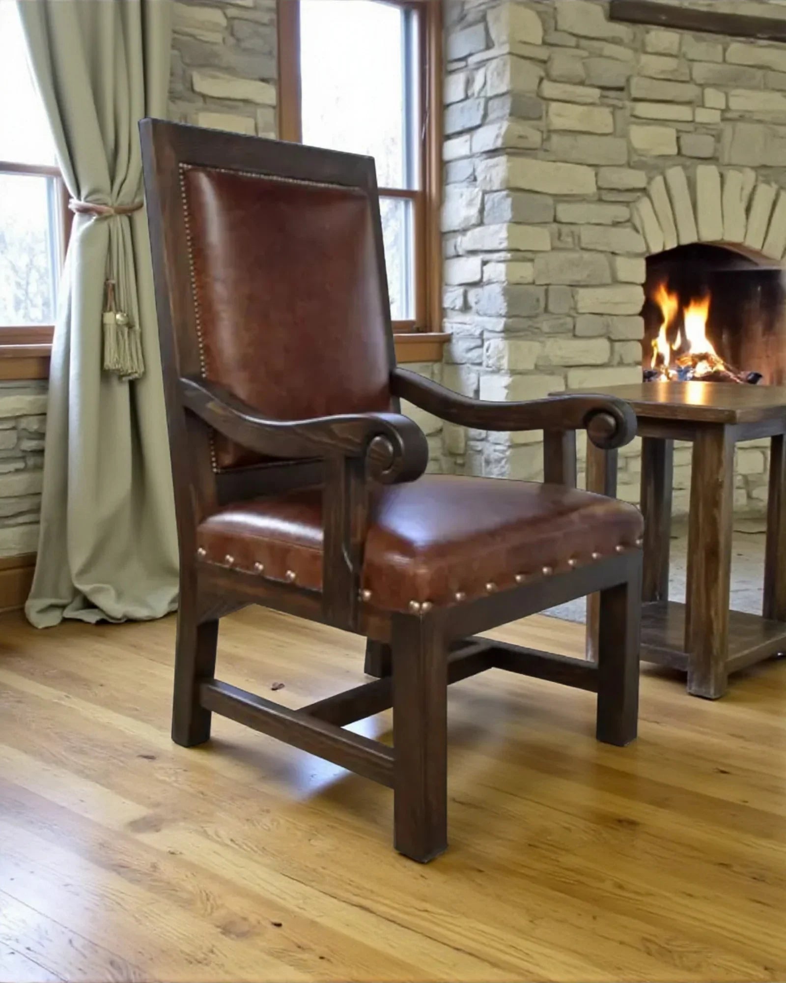 Handmade brown leather dining chair with arms - Your Western Decor