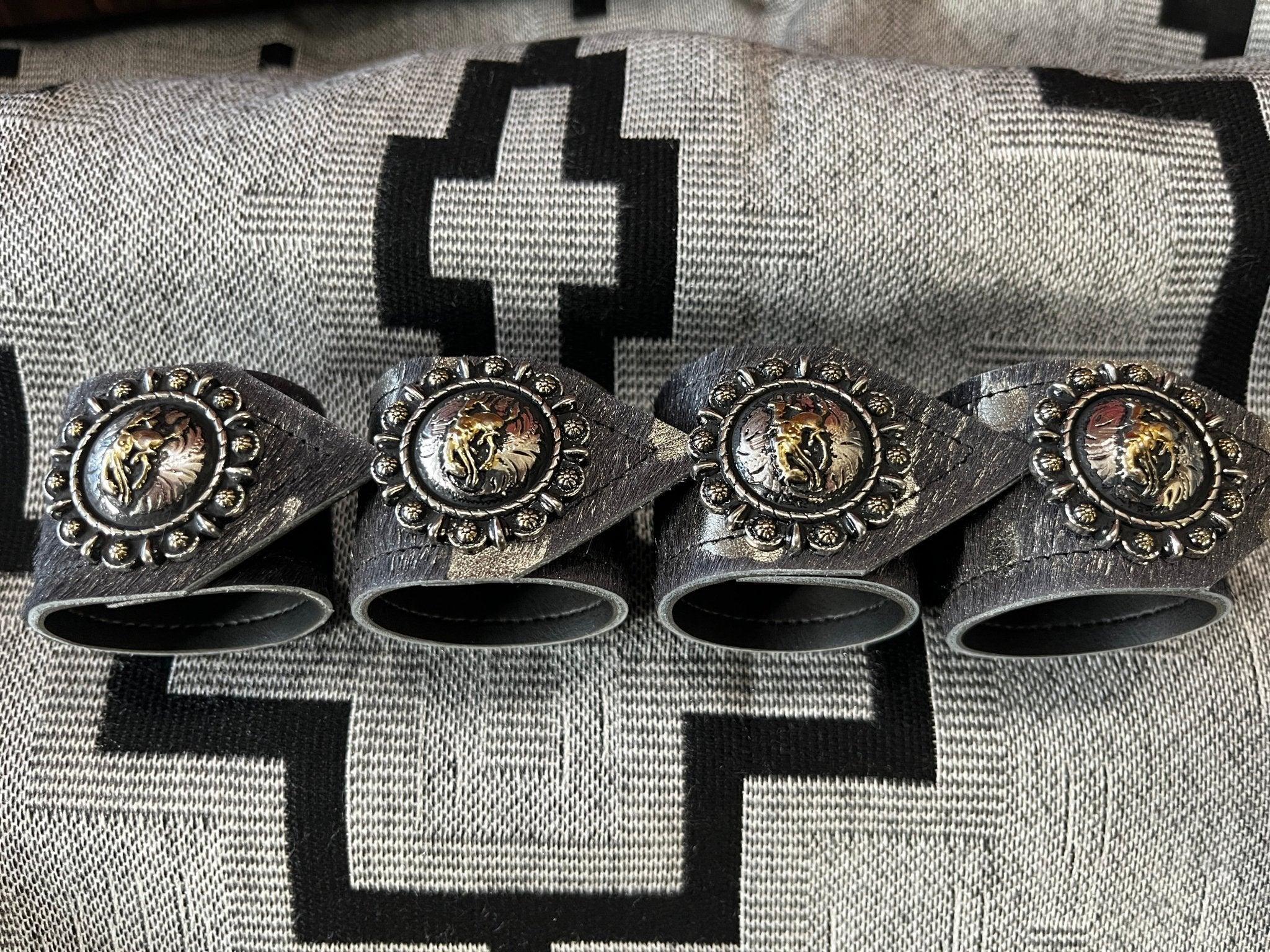 handmade western leather napkin rings with Let er Buck bronc concho