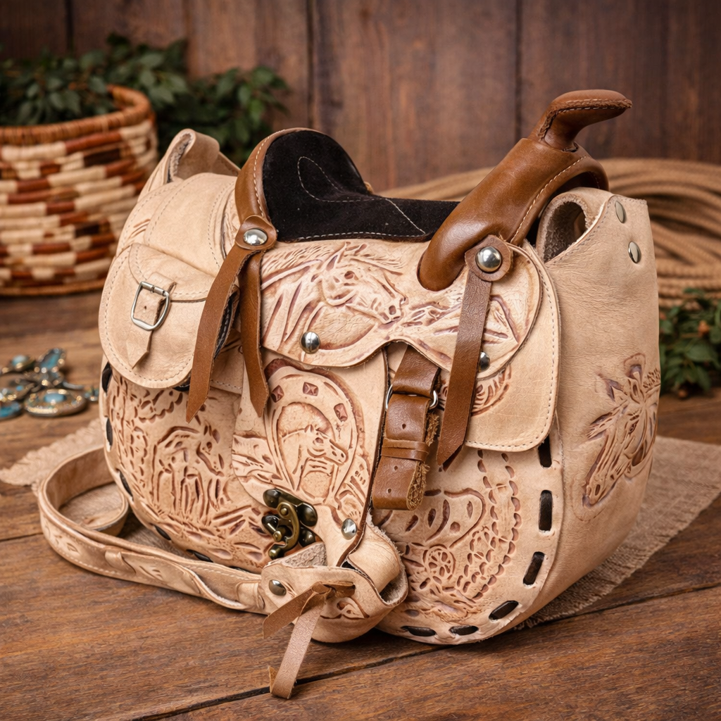 Light beige hand-tooled leather Western saddle purse with embossed horse and horseshoe details, braided strap, and brass latch closure styled on a rustic wooden surface.