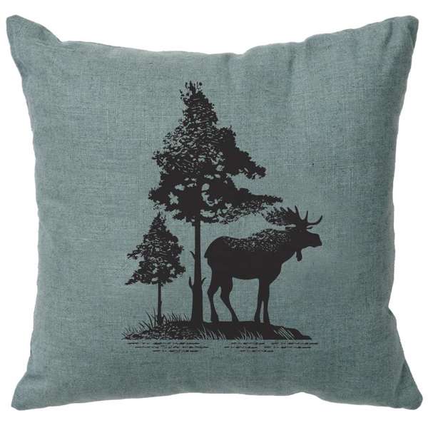 Aqua pillow with black moose and tree design - Your Western Decor