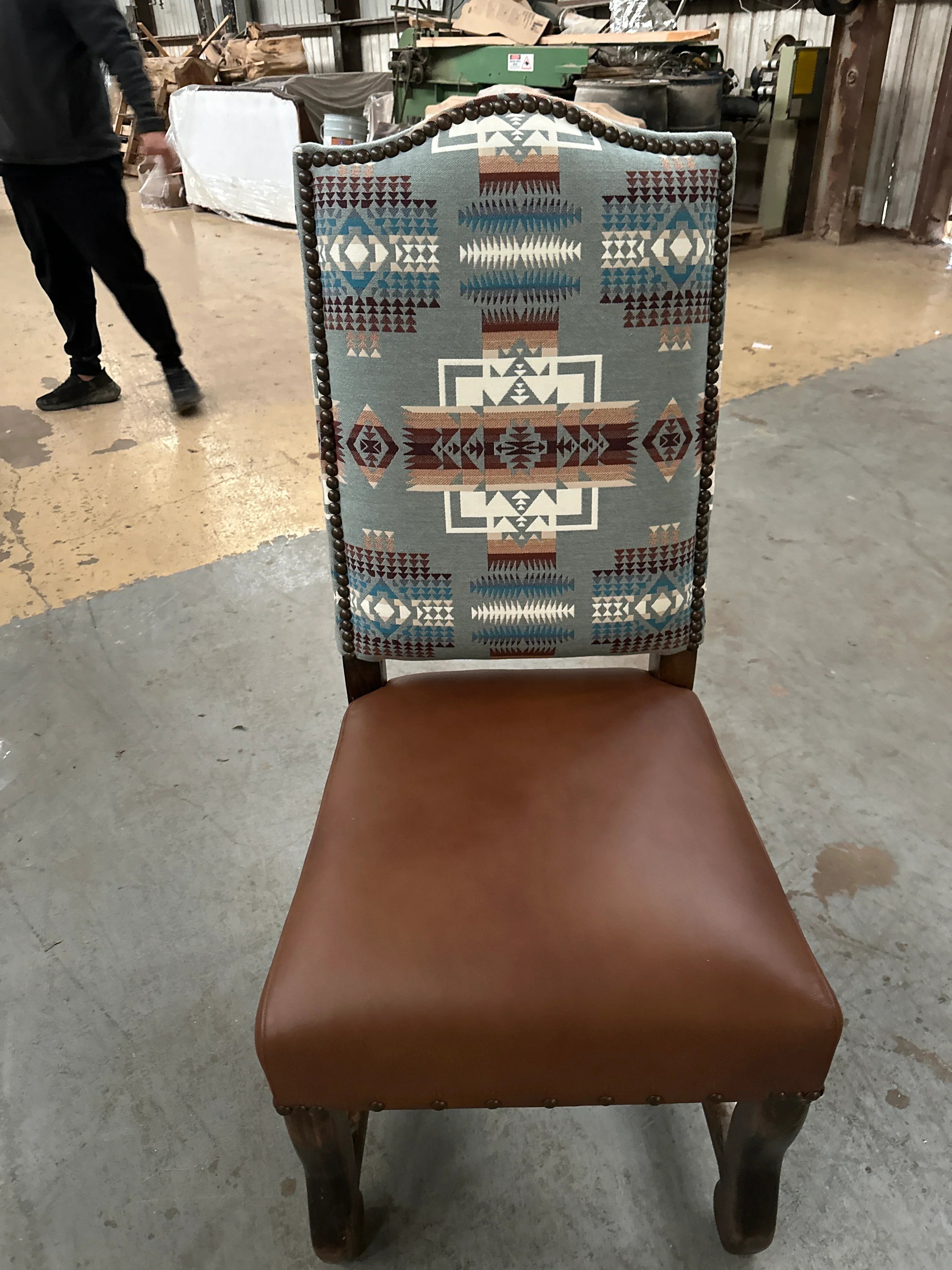 Western leather dining chair with Chief Joseph upholstery and nailhead trim, luxury lodge seating
