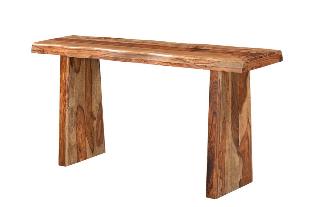 Wood console table with grain detail and live edge