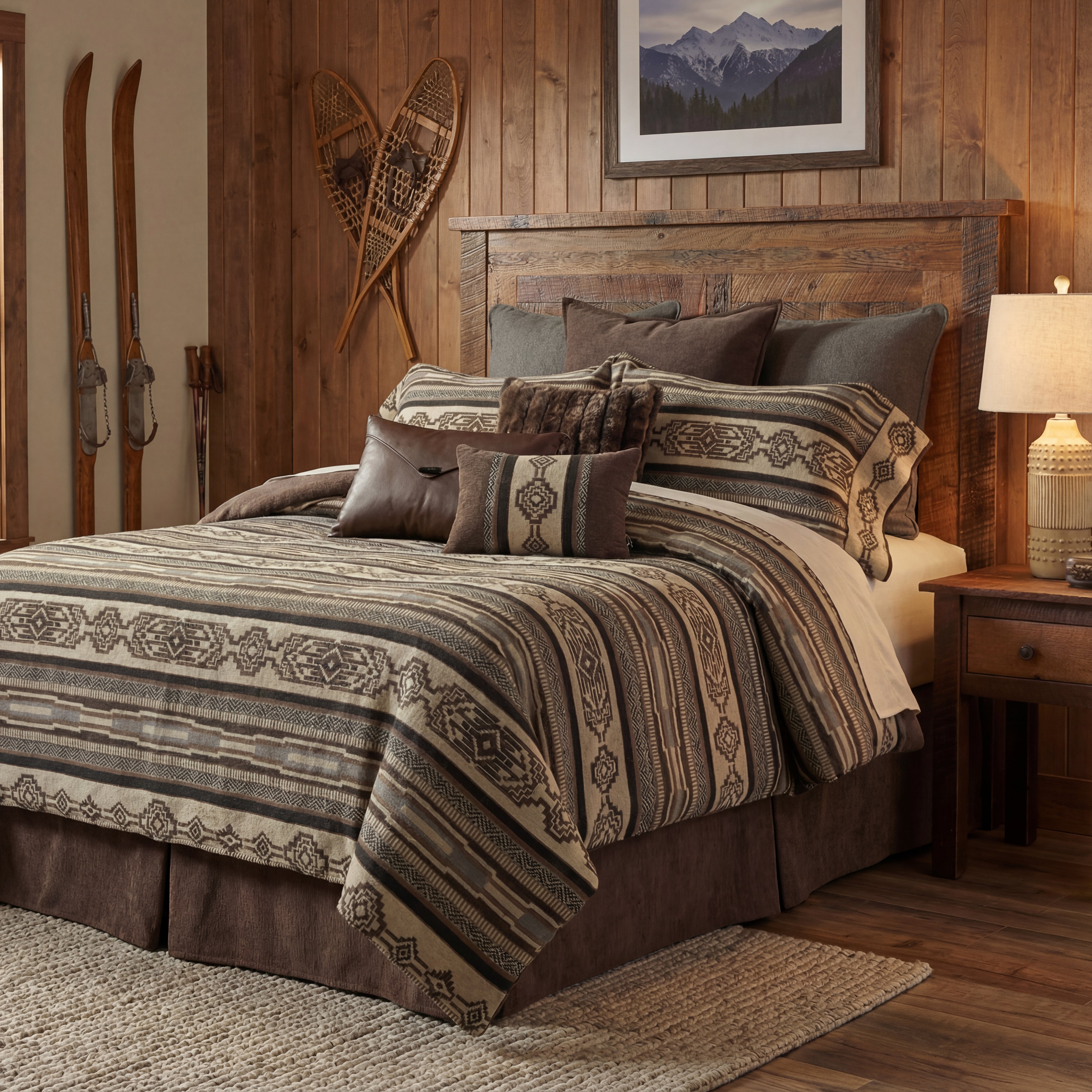 Western lodge bedroom with Southwestern bedding, tribal pattern blanket, wood bed frame, and rustic decor