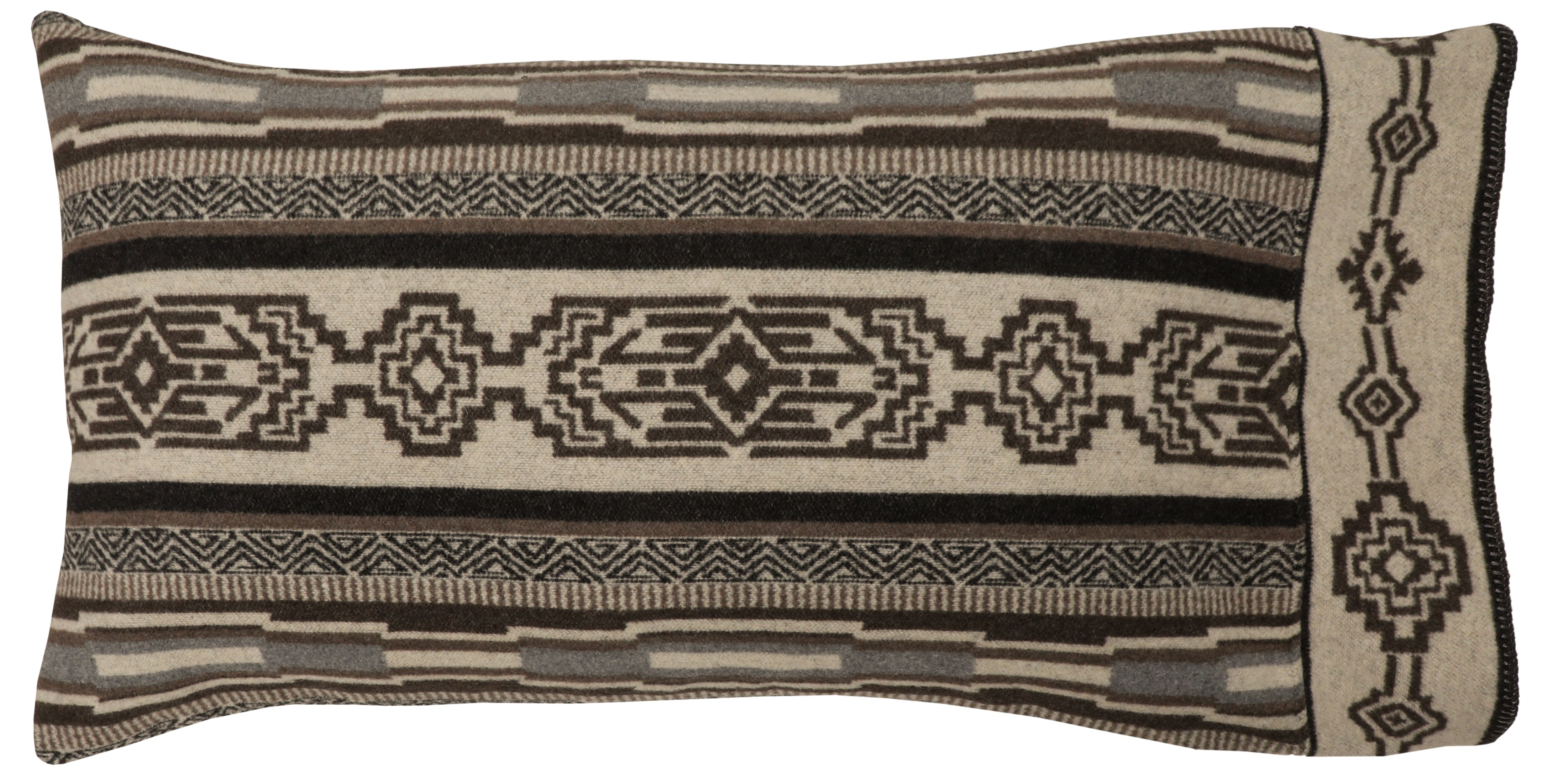 Southwestern pillow case in grey and taupe with tribal pattern and blanket stitch edge lodge style bedding