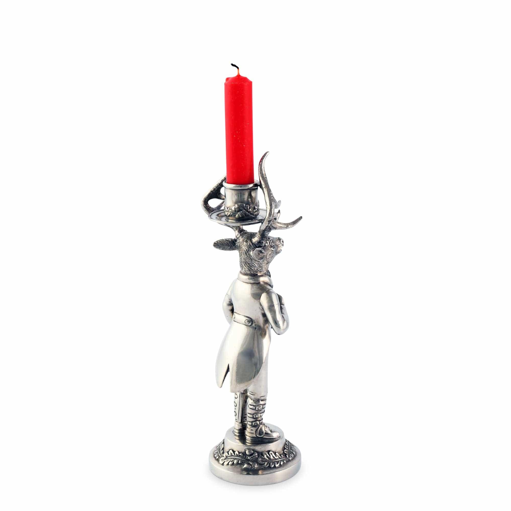 Pewter elk candle holder with a red candle on a white background - Your Western Decor