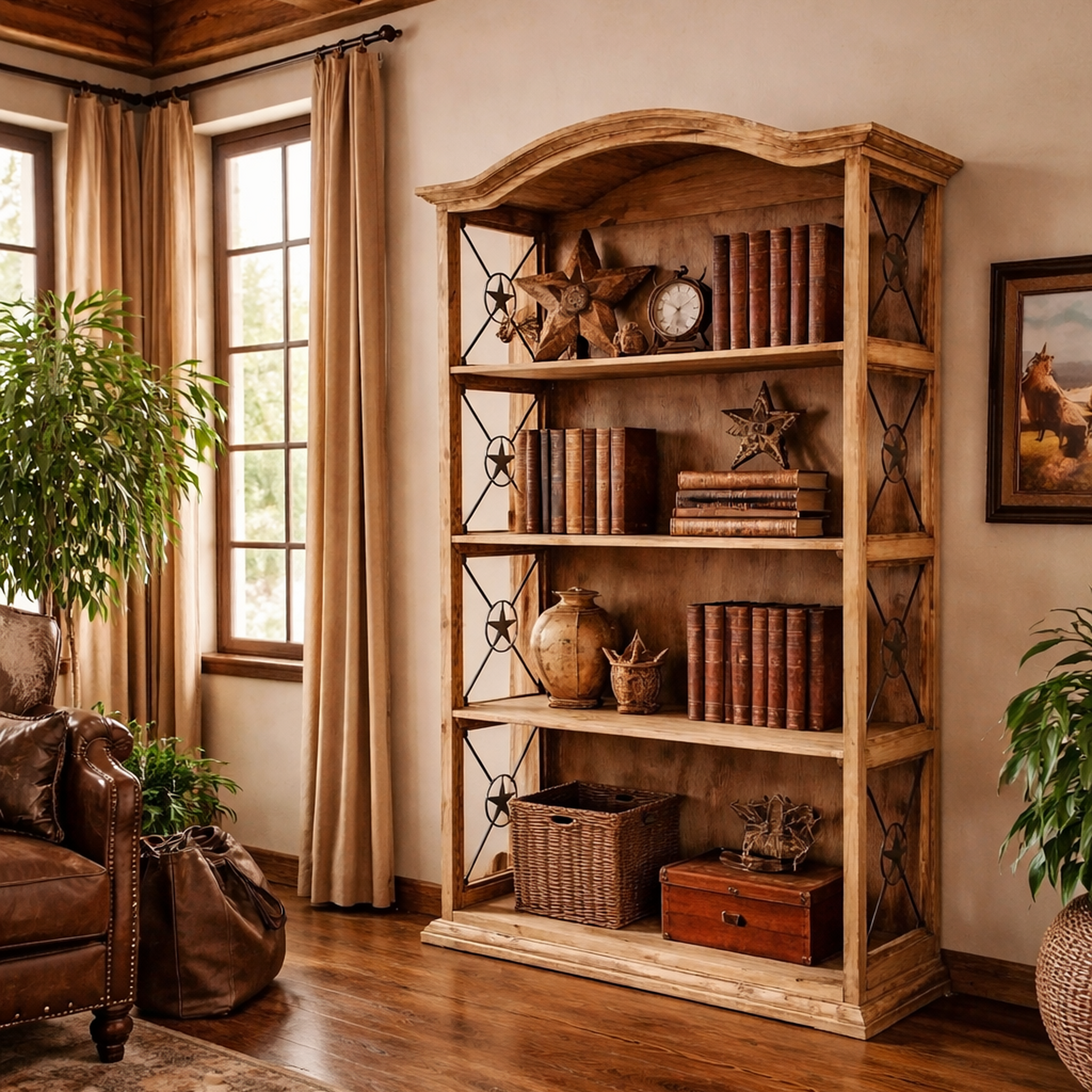 A rustic wooden bookshelf with four shelves and decorative metal crisscross supports, with western stars, styled with vintage books, vases, a clock, and storage baskets in a warm, traditional living room setting.