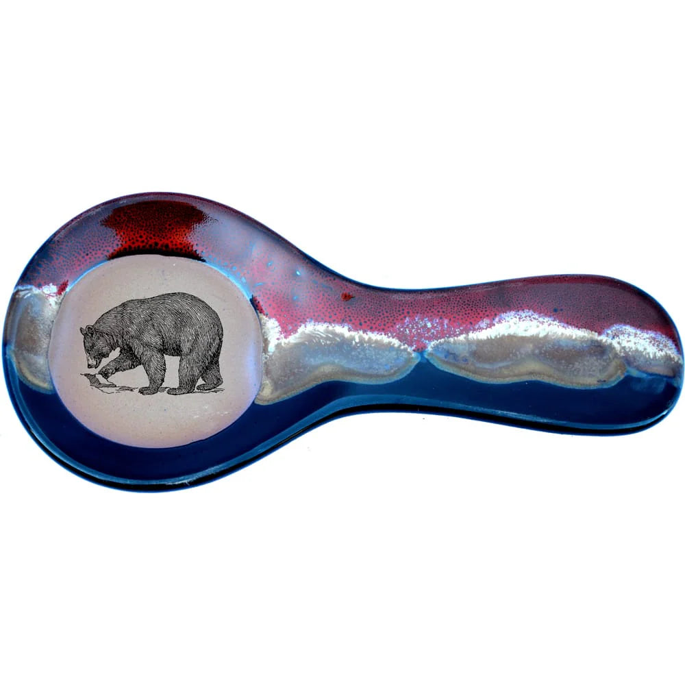 Handmade glazed pottery spoon rest with Lonesome Bear image, made in the USA - Your Western Decor