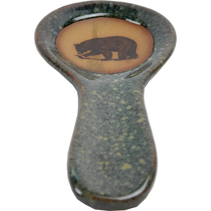 Handmade glazed pottery spoon rest with Lonesome Bear image, made in the USA - Your Western Decor