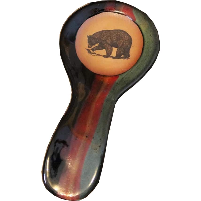 Handmade glazed pottery spoon rest with Lonesome Bear image, made in the USA - Your Western Decor