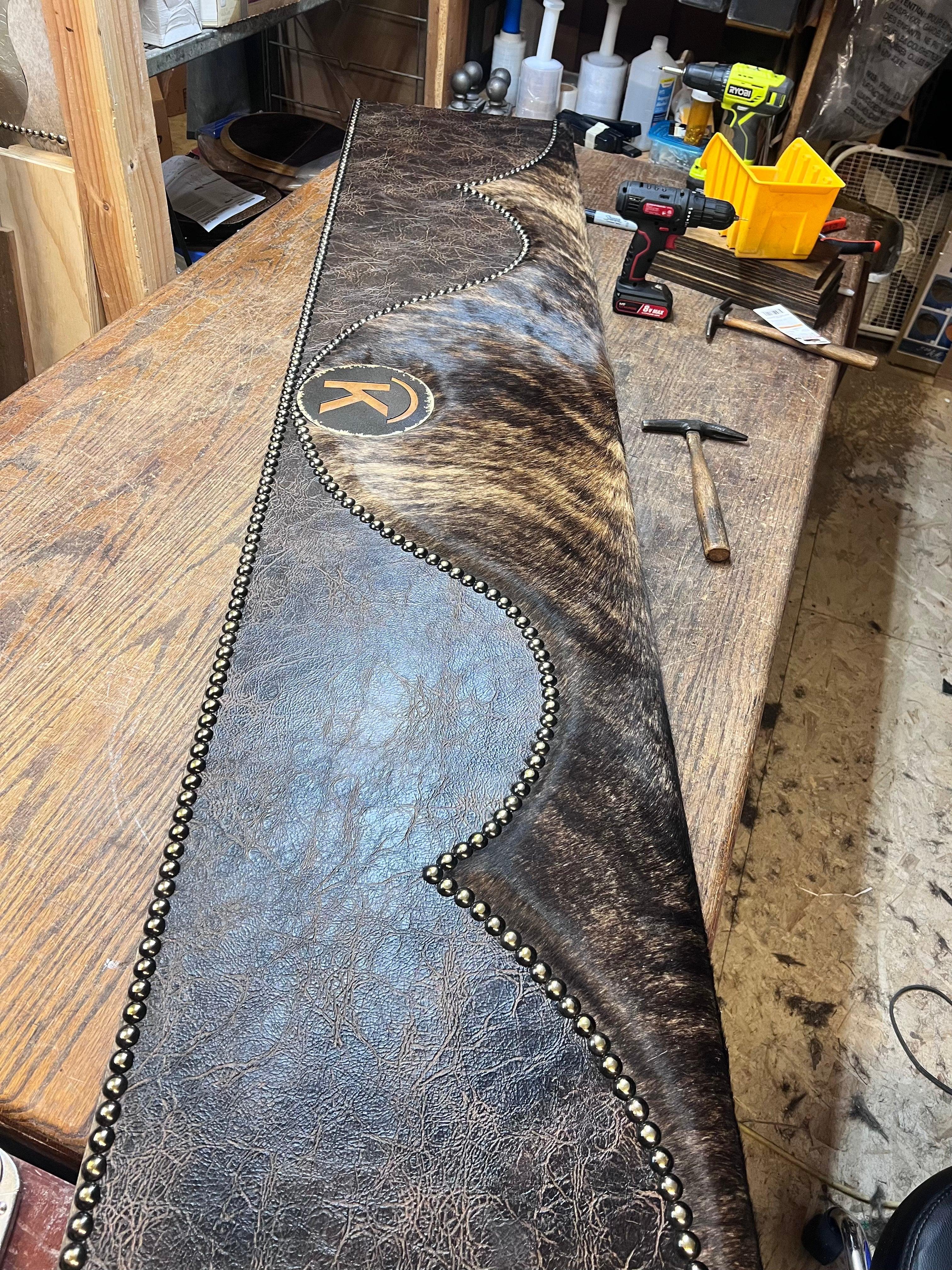 American made Custom Western Window Cornices with die-cut custom brand ln dark brindle cowhide and distressed leather - Your Western Decor