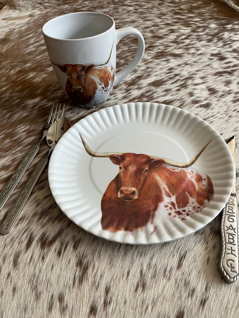 Western Longhorn Cup and Plate with brands flatware - Your Western Decor