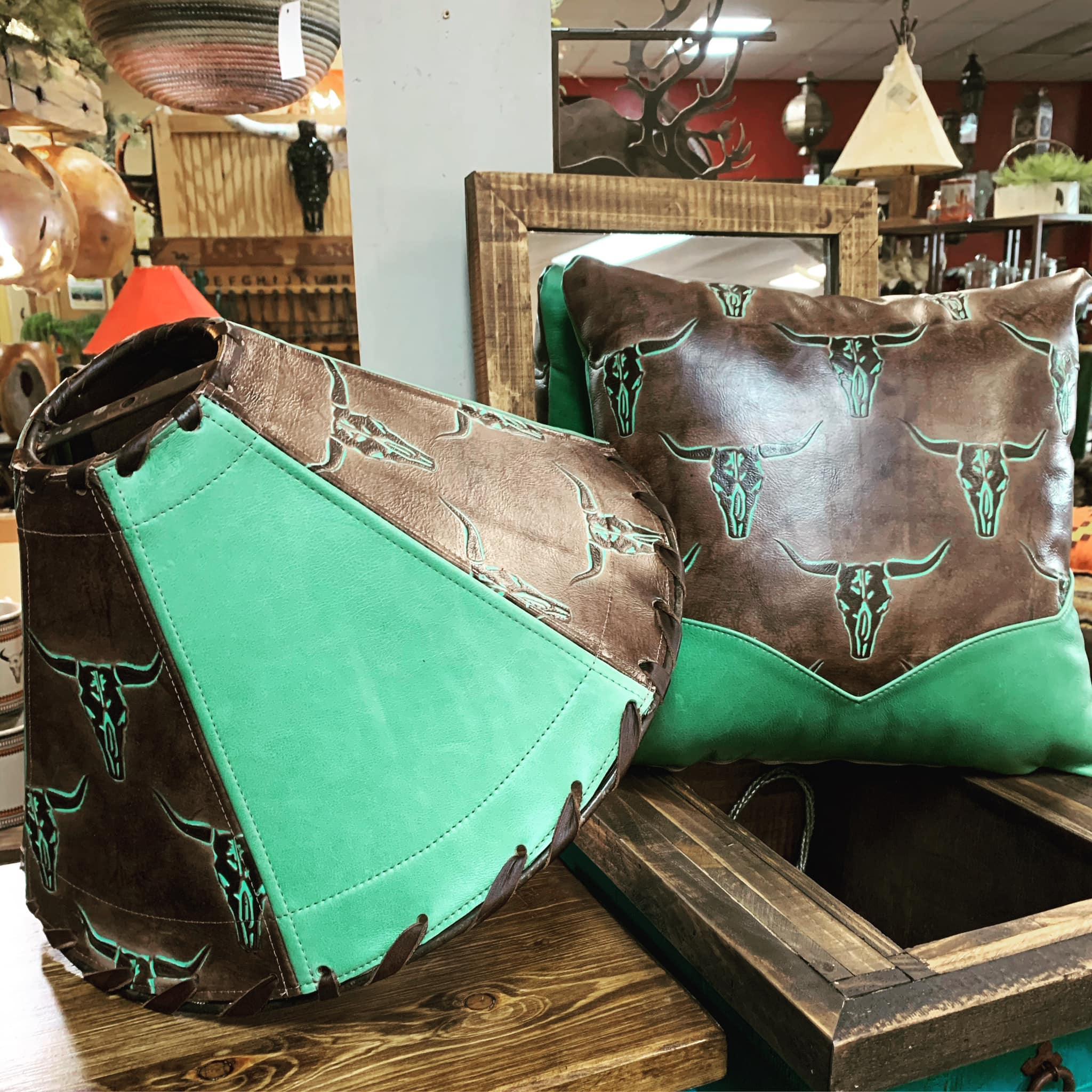 Sierra turquoise and longhorn embossed leather custom pillow and lamp shade - Your Western Decor