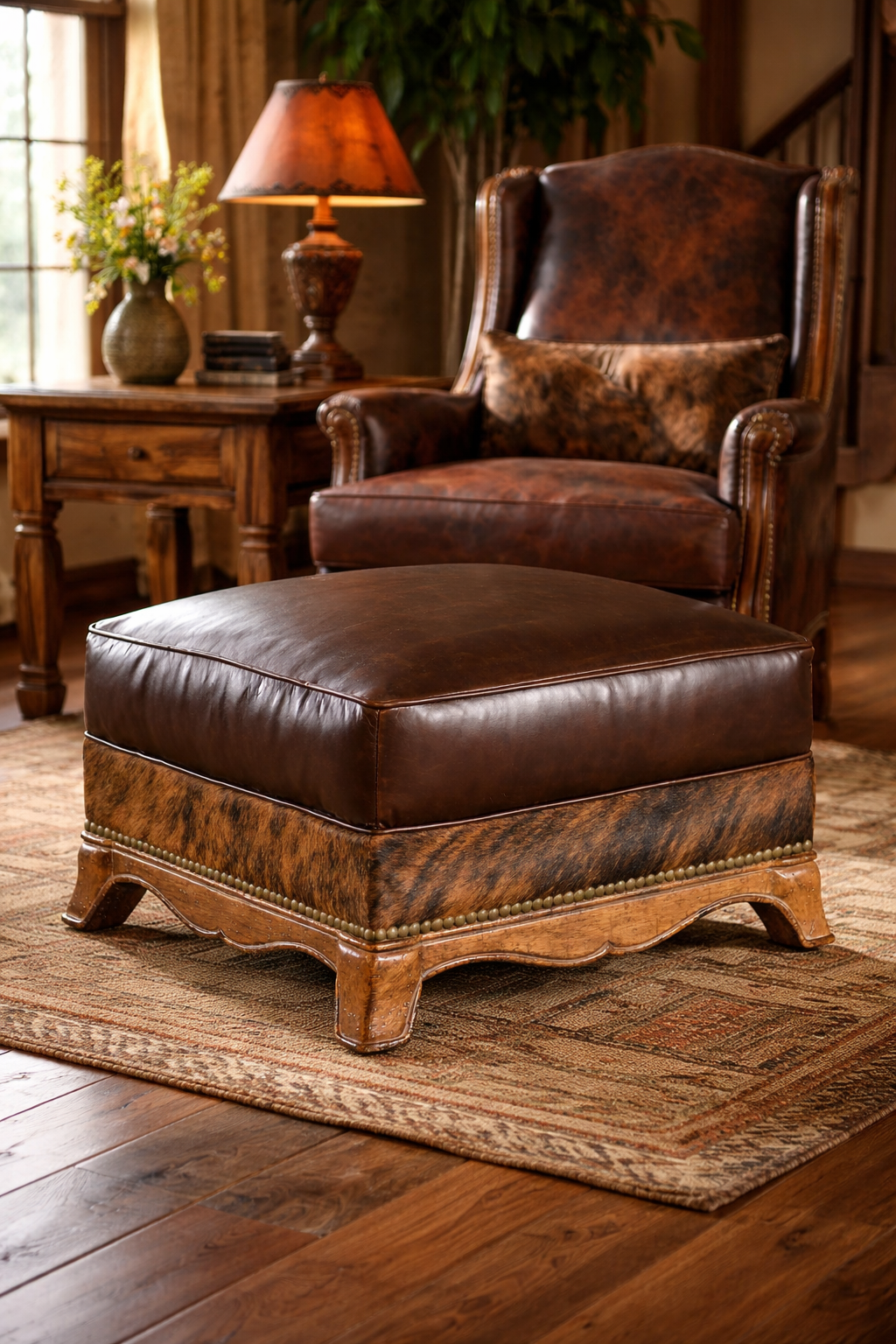 Western leather and brindle cowhide ottoman handcrafted American made ranch style footstool luxury western furniture in western style living room