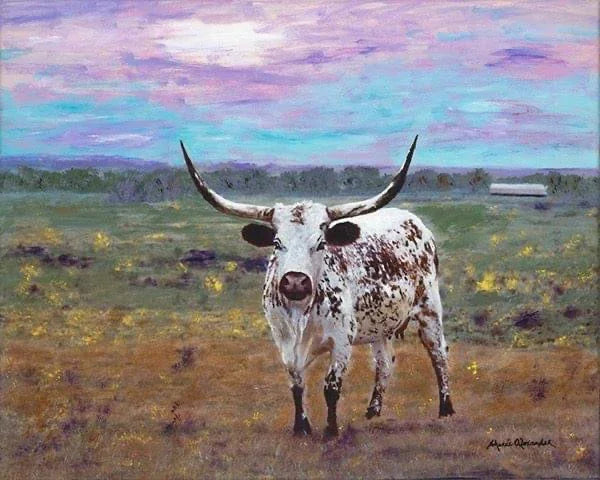 Painting of Pearl, the longhorn heifer in field with vivid sky of pink, purple, and blue - Art by Sherri Alexander - Your Western Decor