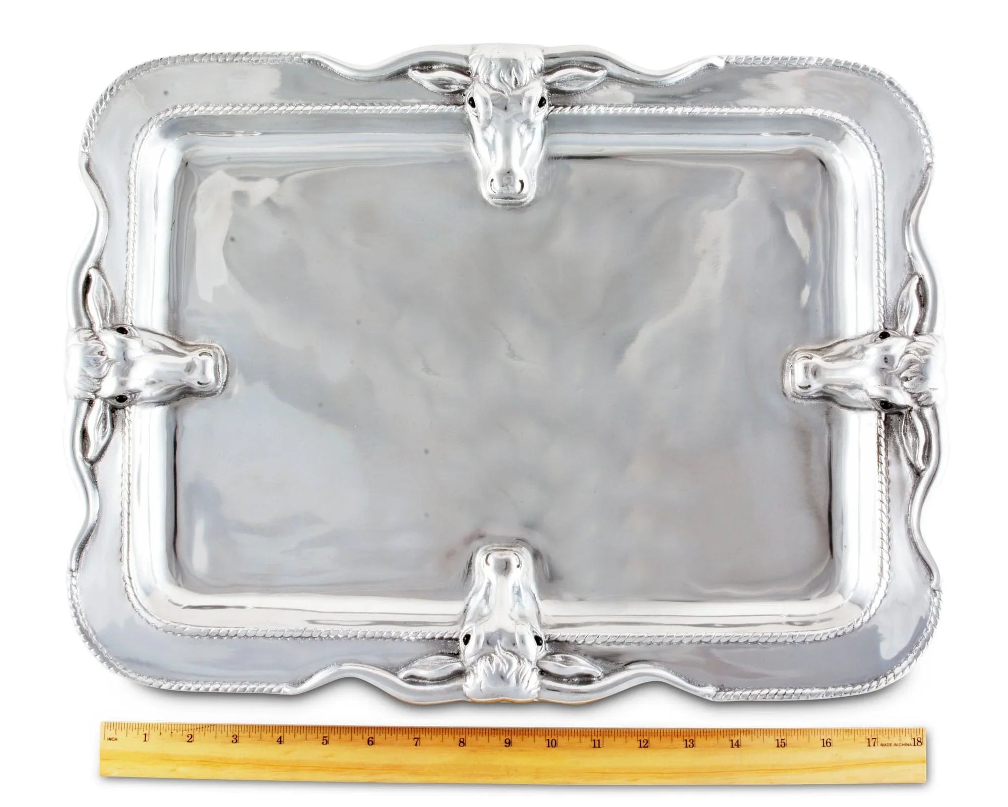 Longhorn Platter Large - aluminum - large tray -18" long - longhorn heads - your western decor