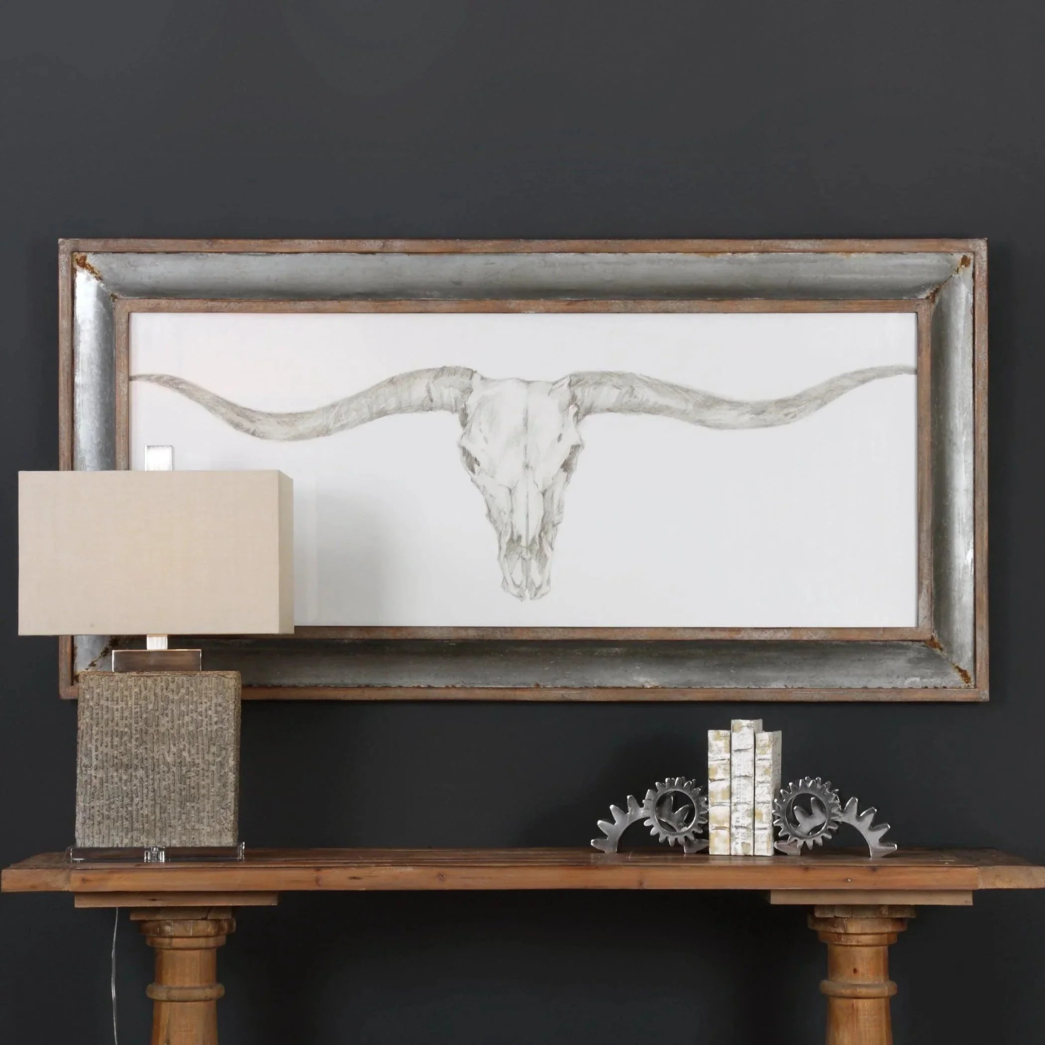 Longhorn Skull Western Framed Art, galvanized tin and barn wood frame 5.9' - Your Western Decor