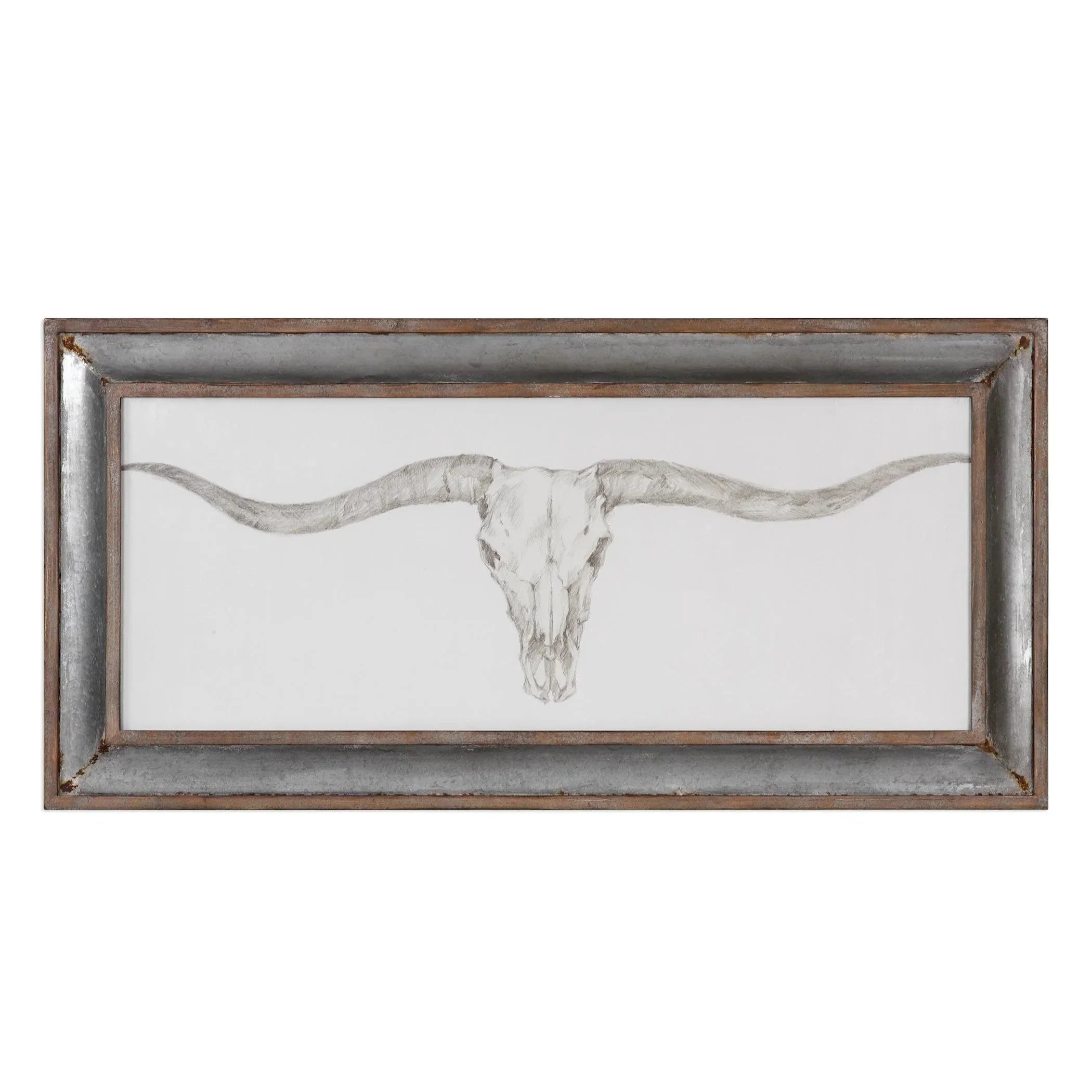 Black and white sketch Longhorn Skull Western Framed Art, galvanized tin and barn wood frame 5.9' - Your Western Decor