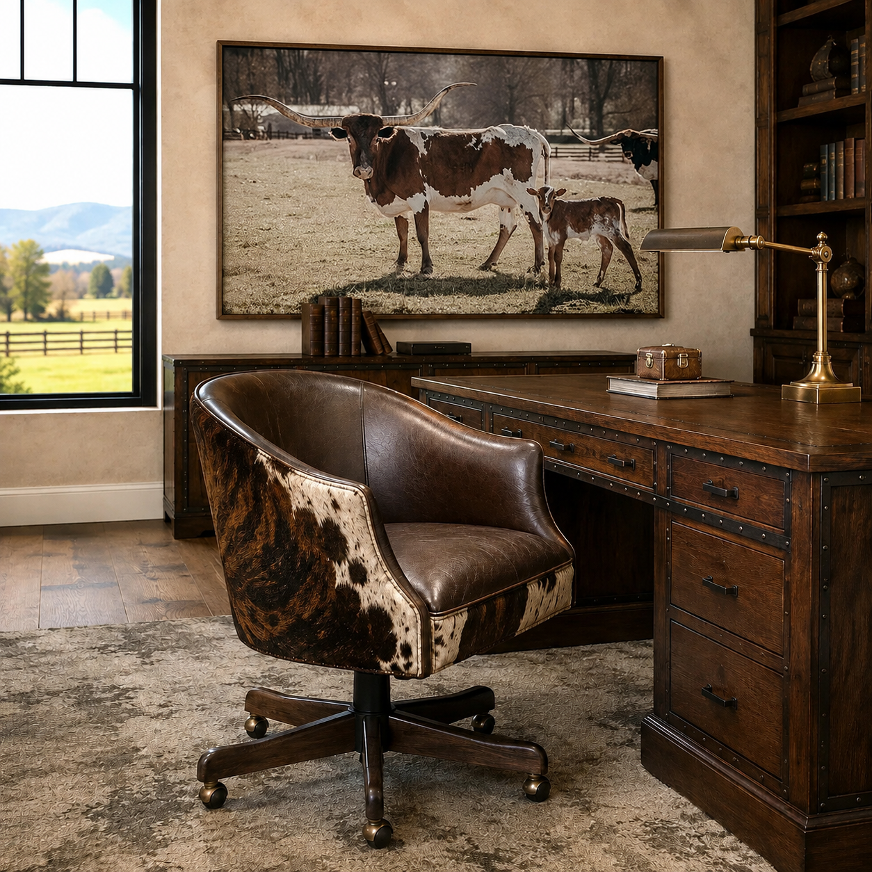 A rustic home office scene featuring a brown and black cowhide accent chair next to a dark wood desk, with a large framed print of a Longhorn cow and calf on the wall behind.