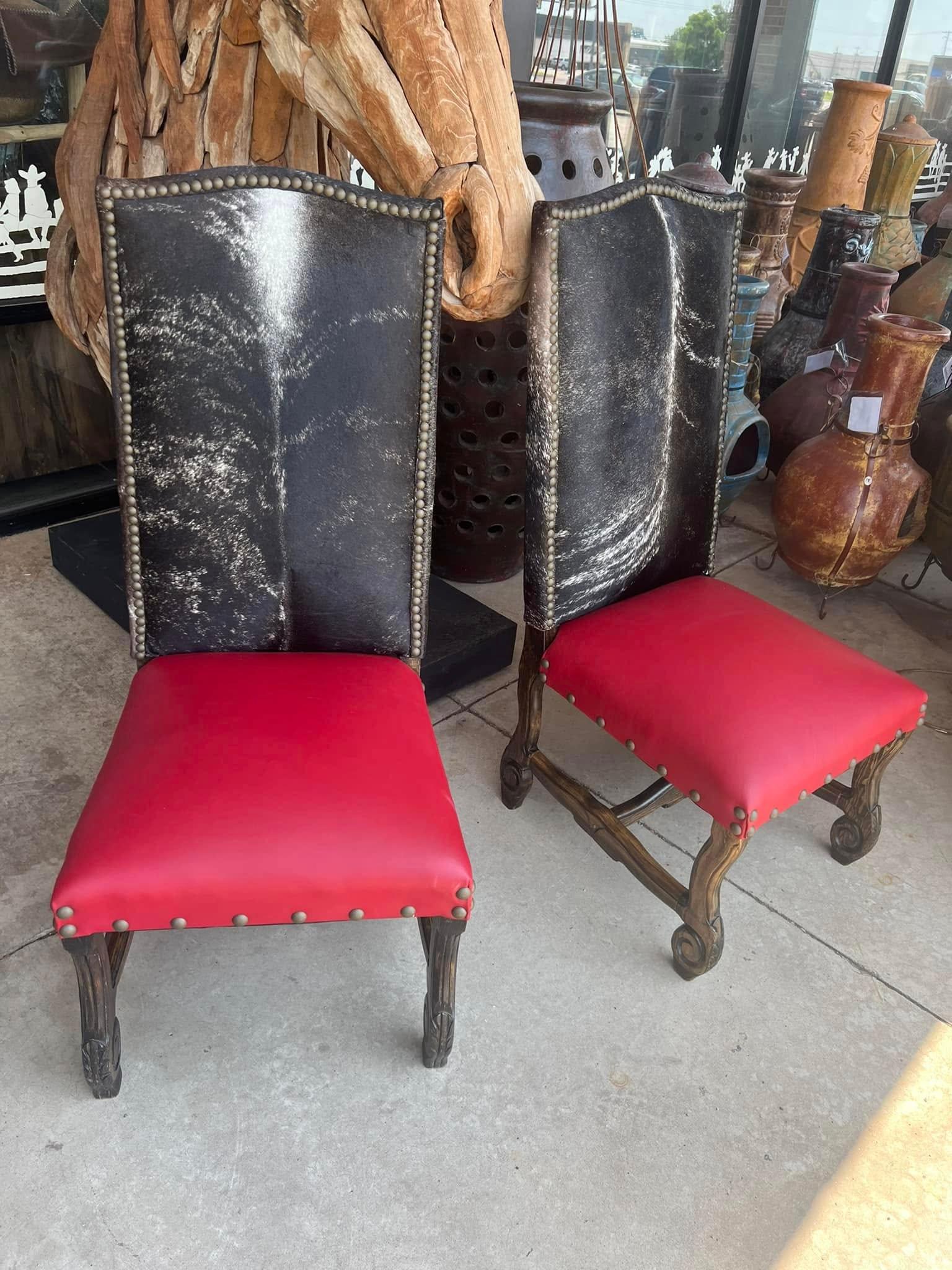 Western Dining Chairs in Leather & Cowhide in red leather seat and grey brindle cowhide backs - handcrafted in the USA - Your Western Decor