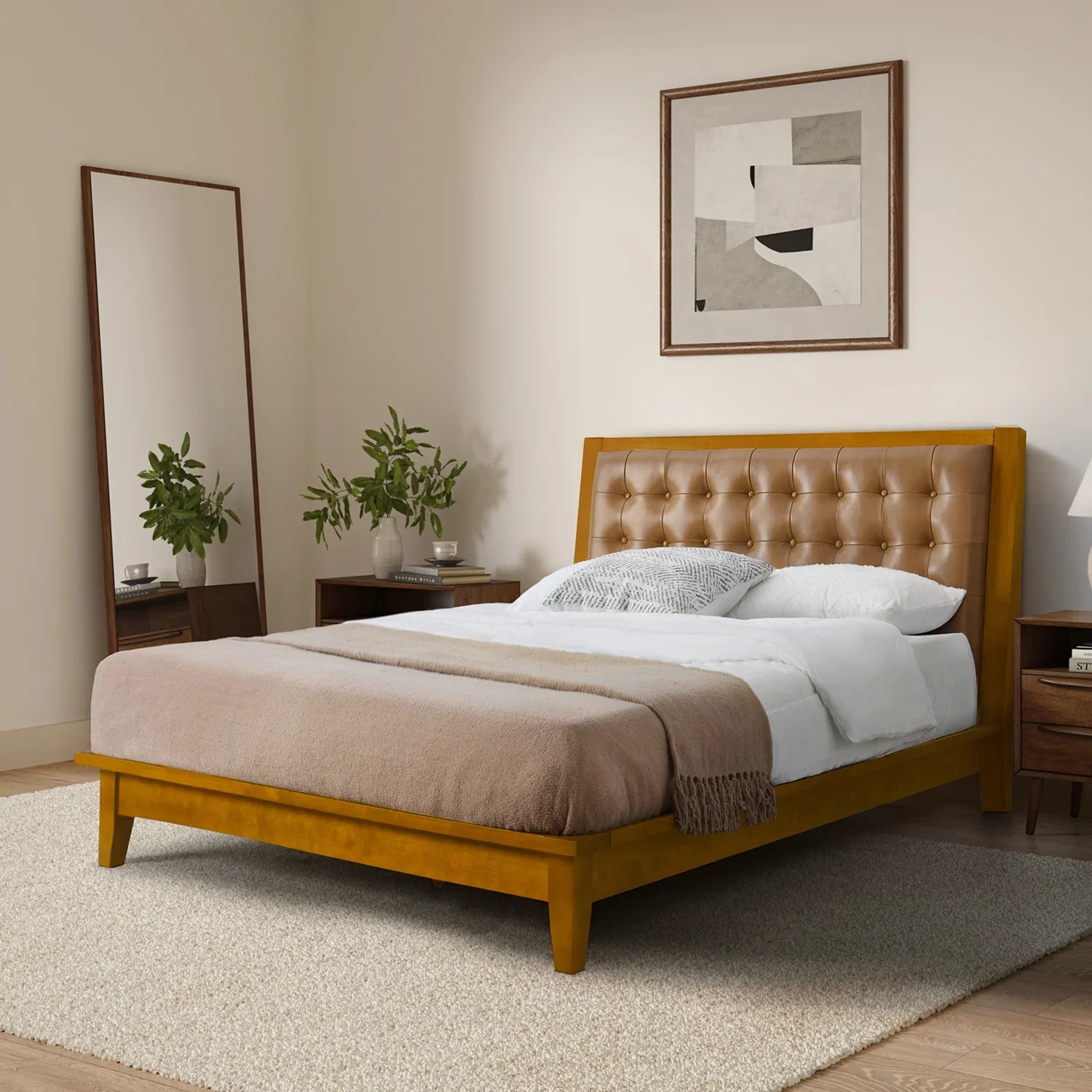Wooden bed with tufted headboard in a bedroom setting