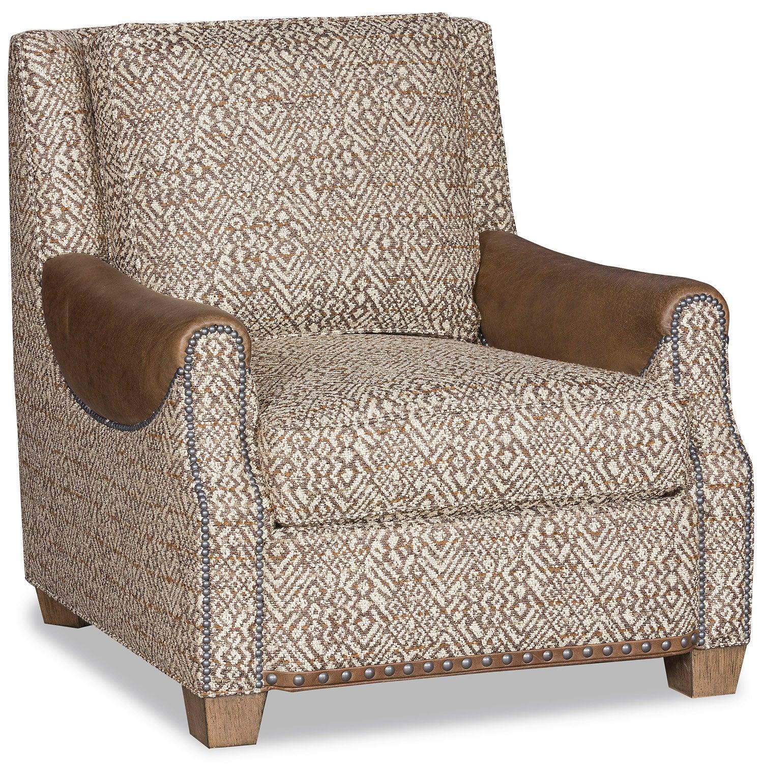 Browns and cream fabric with brown leather arms lounge chair - Your Western Decor