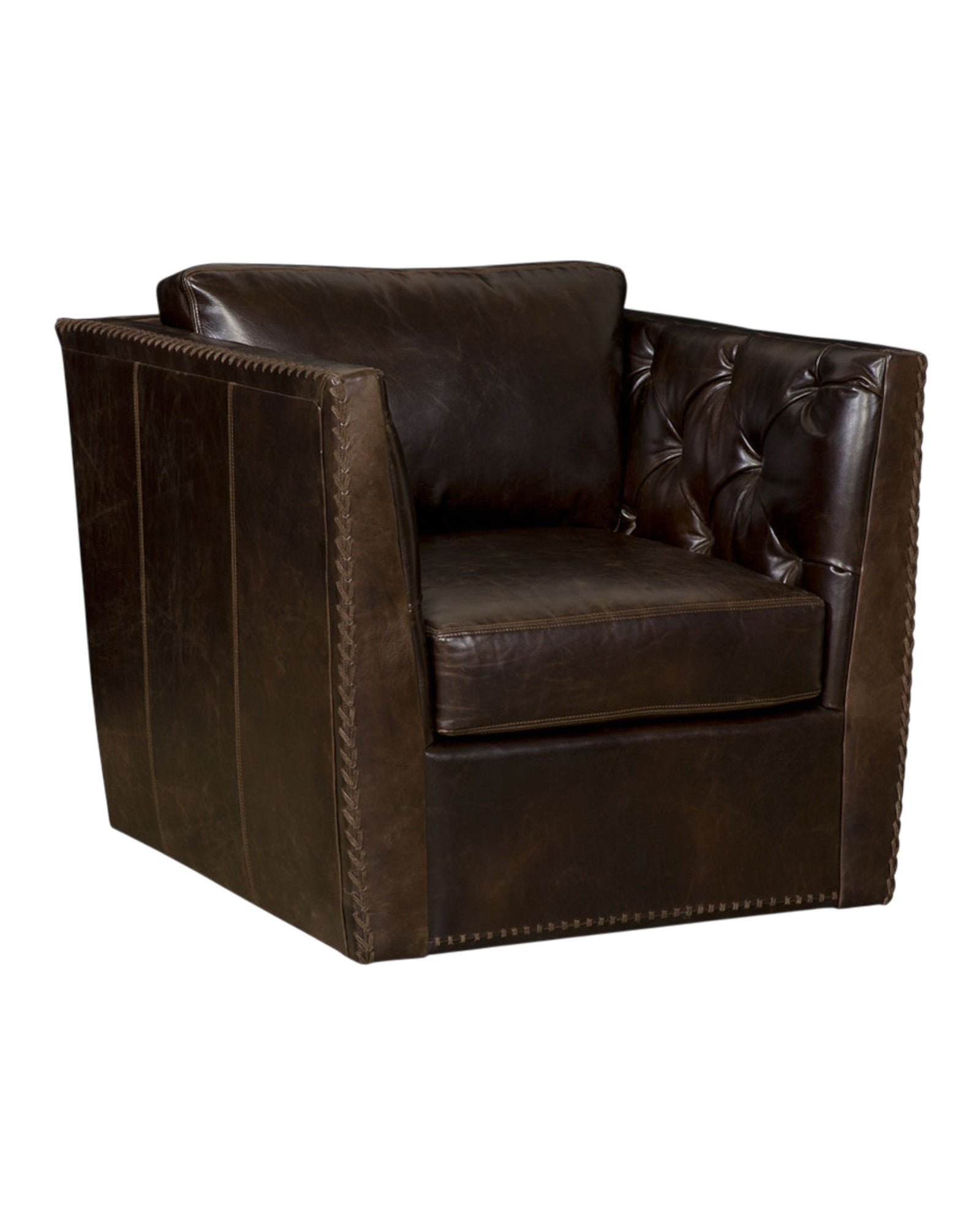 Dark brown leather swivel chair with whip stitching and tufting