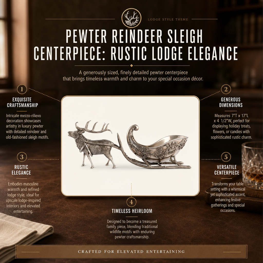 Pewter reindeer sleigh centerpiece with promotional text on a dark background