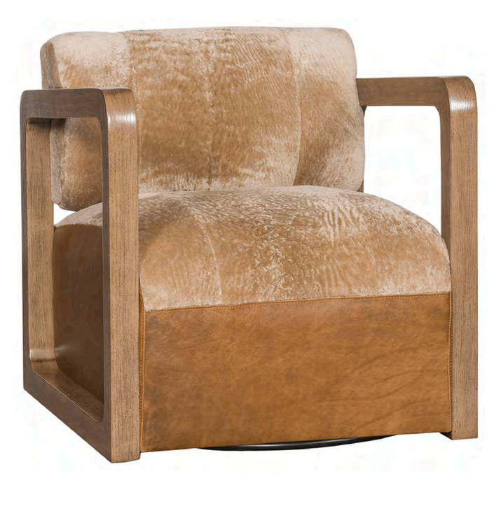 Luxury Western swivel chair with cream shearling upholstery and leather accents