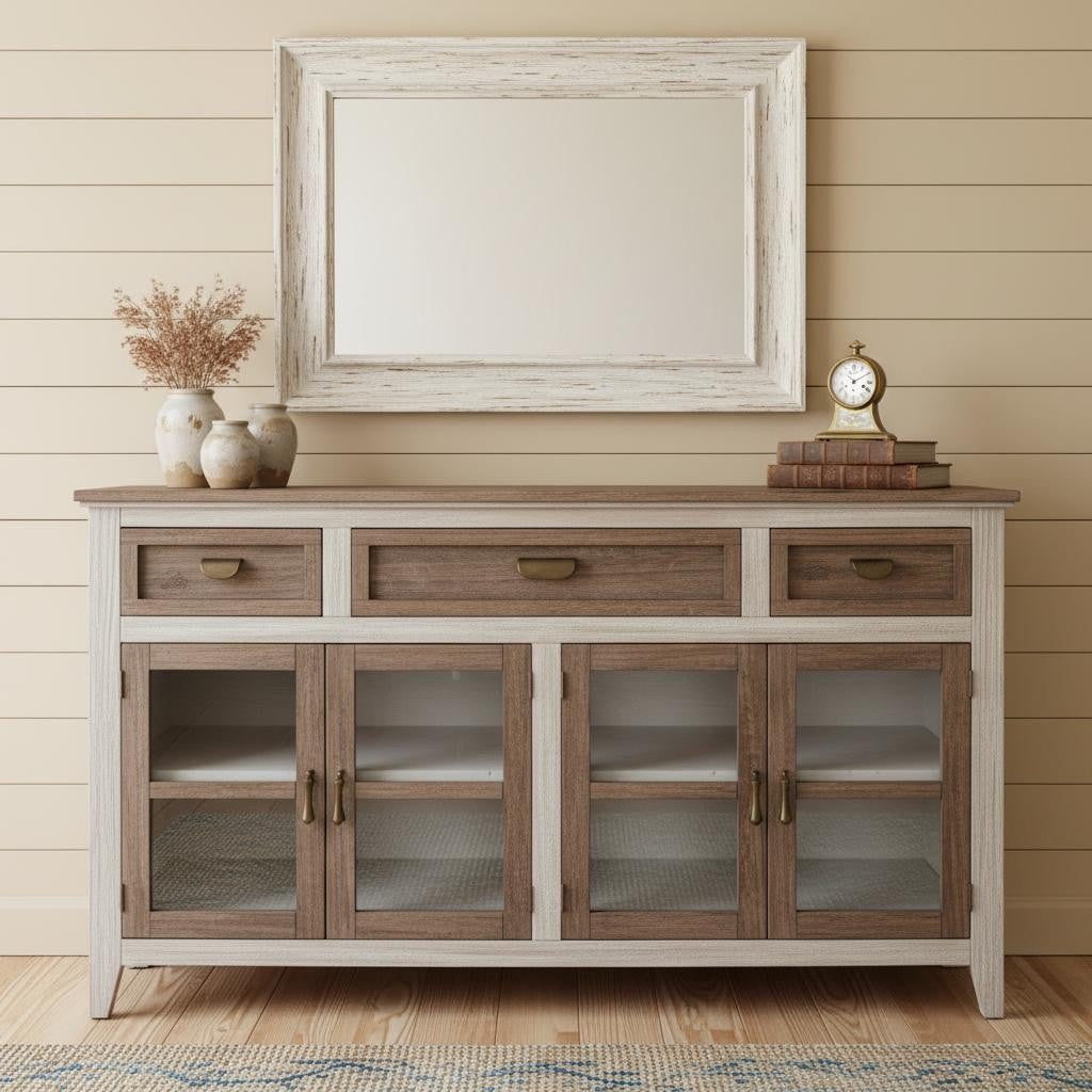Rustic farmhouse credenza cabinet styled in neutral dining room interior