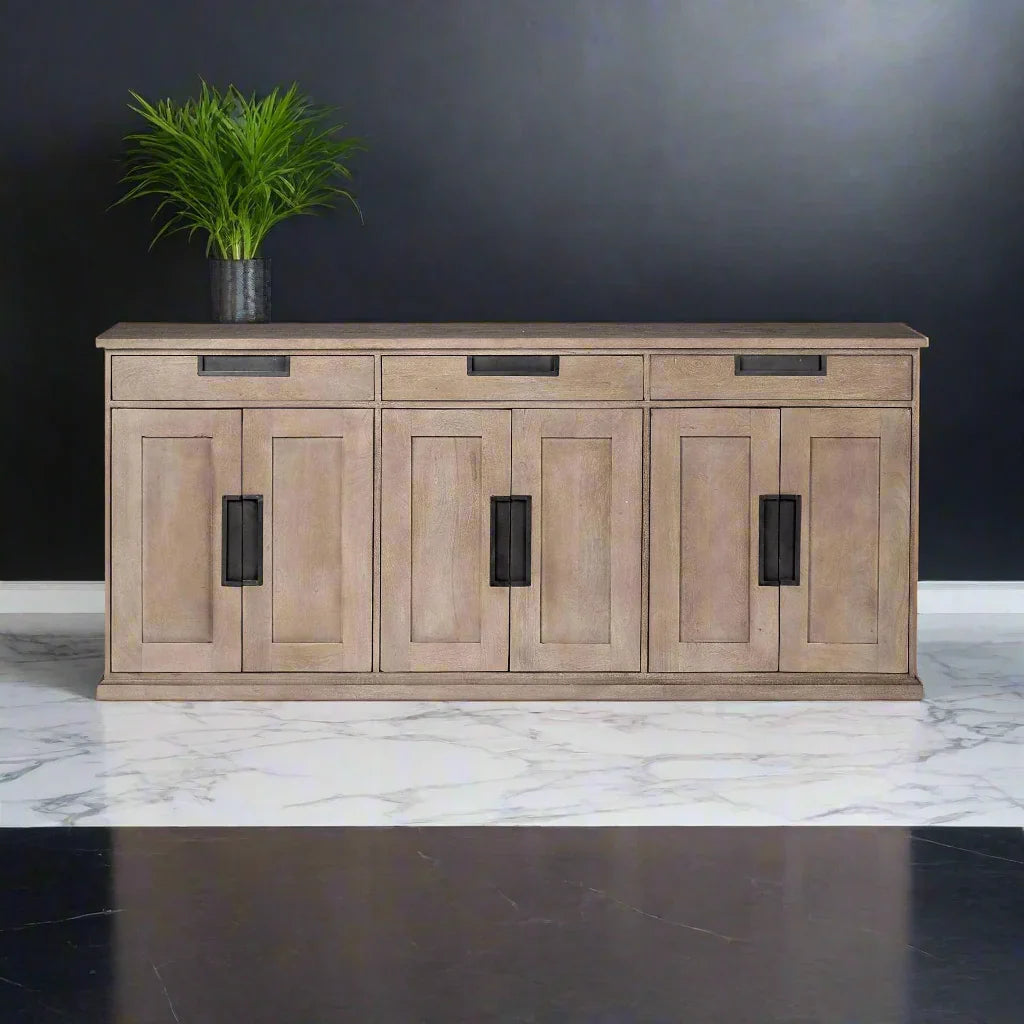 Light brown finish Mango Wood Sideboard with black drawer and door pulls - Your Western Decor