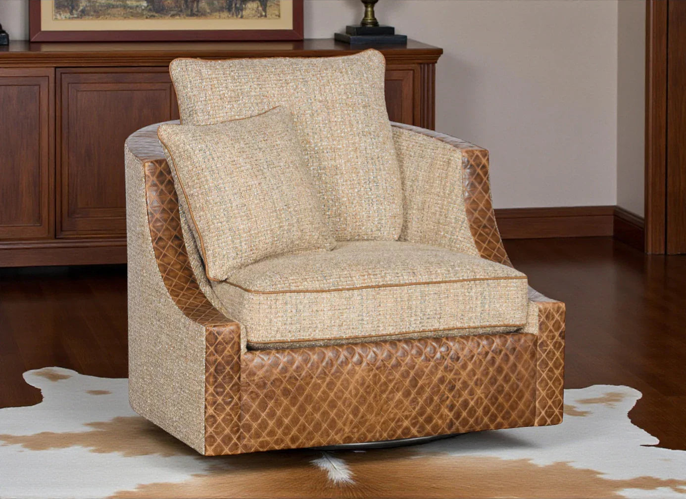 American made custom Marlowe Diamond Stitch Swivel Chair in fabric and leather - Your Western Decor