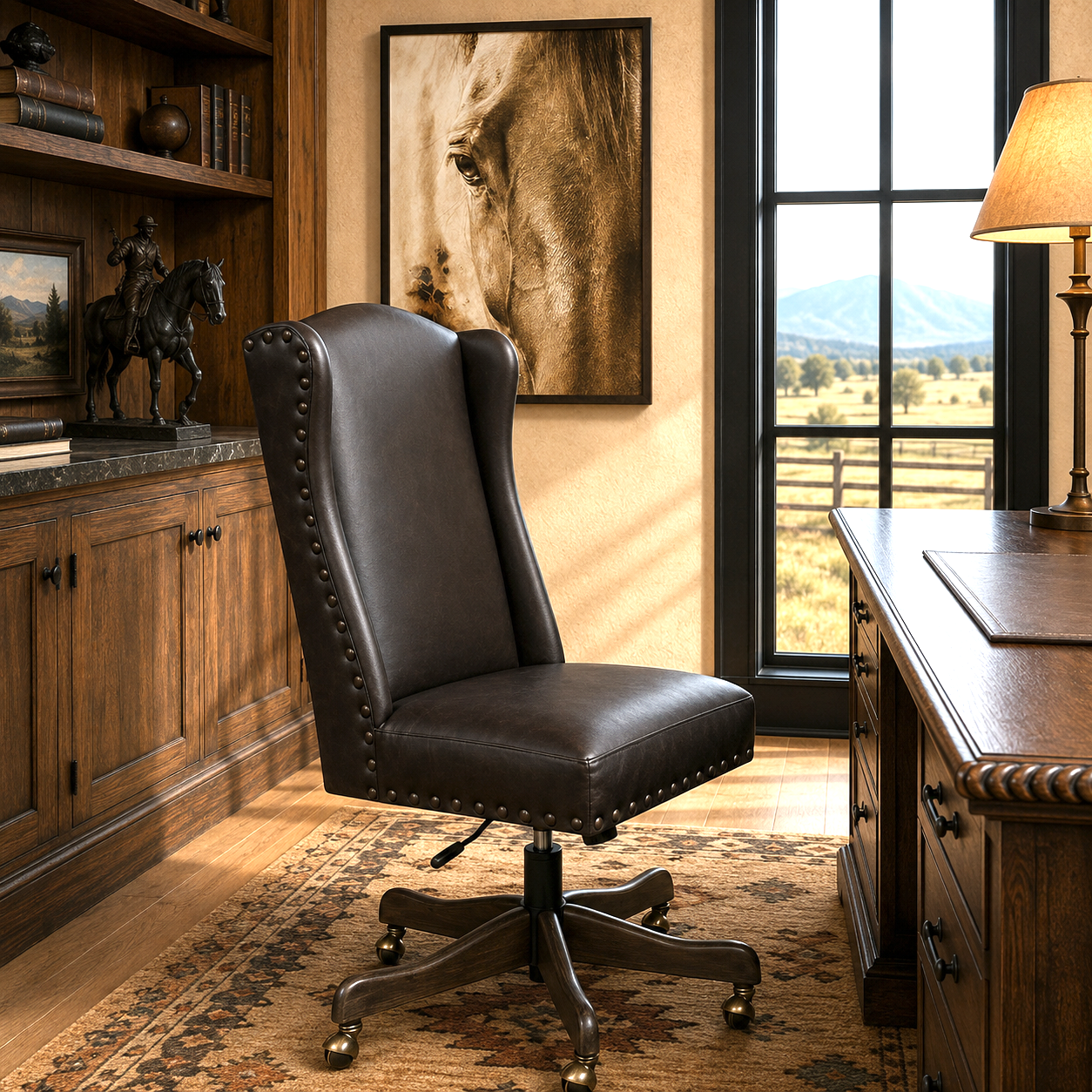 Maverick Executive Boardroom Chair handcrafted in the USA with premium full-grain leather and adjustable height in office with horse art and western desk