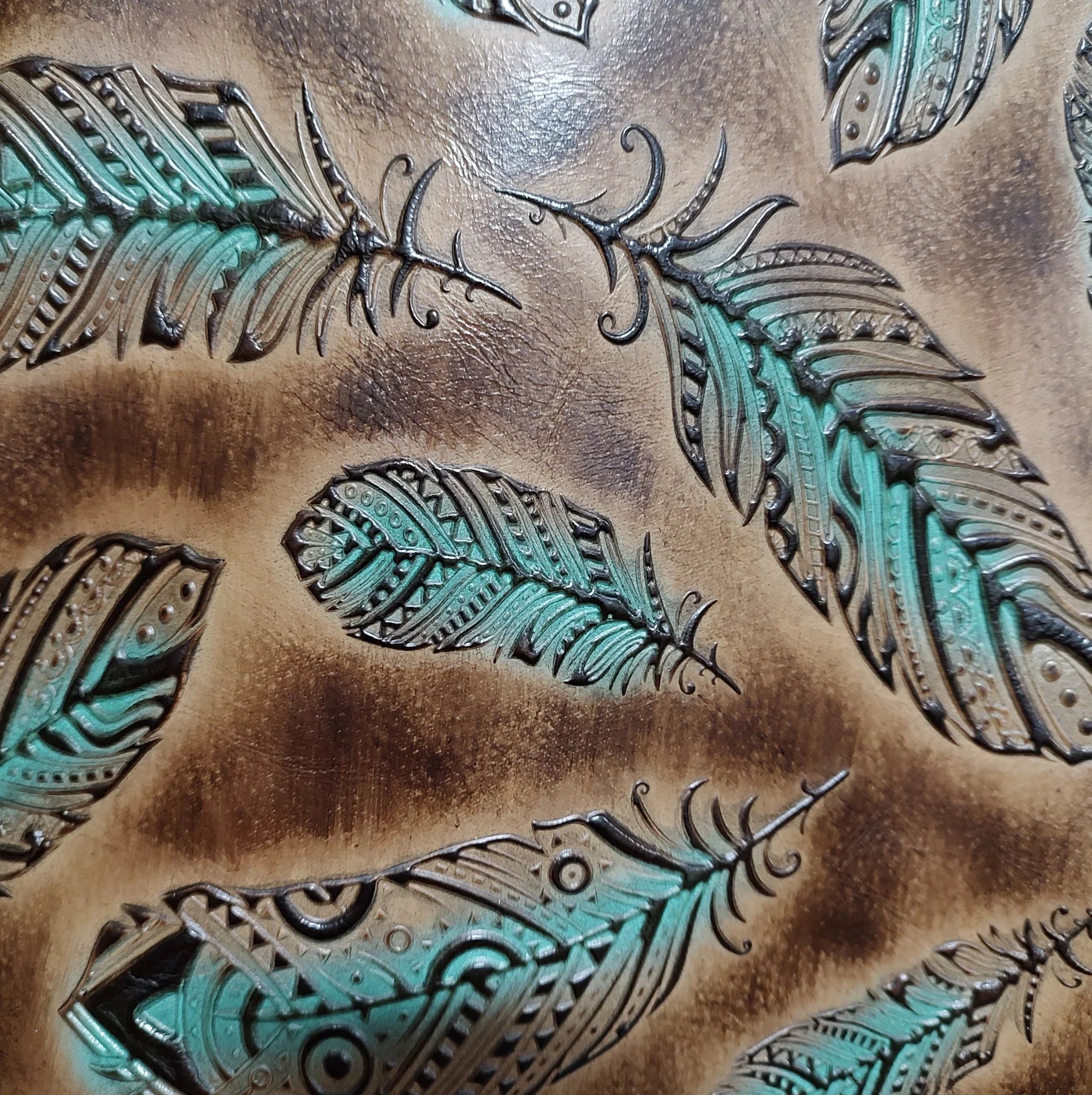 Plumas Mesa Turquoise Embossed Feather Leather for upholstery - Your Western Decor