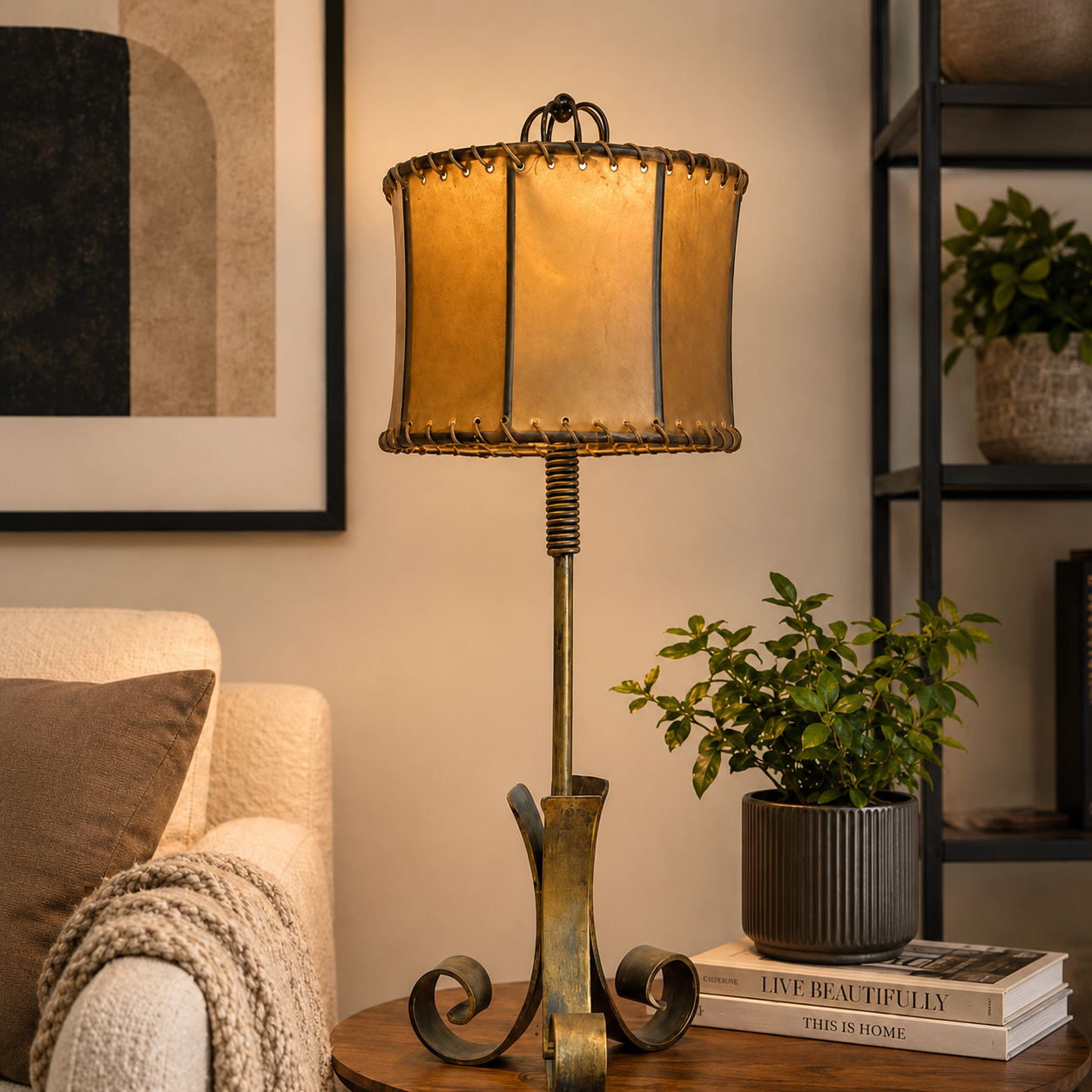 Rustic Iron lamp with brown cylinder rawhide shade
