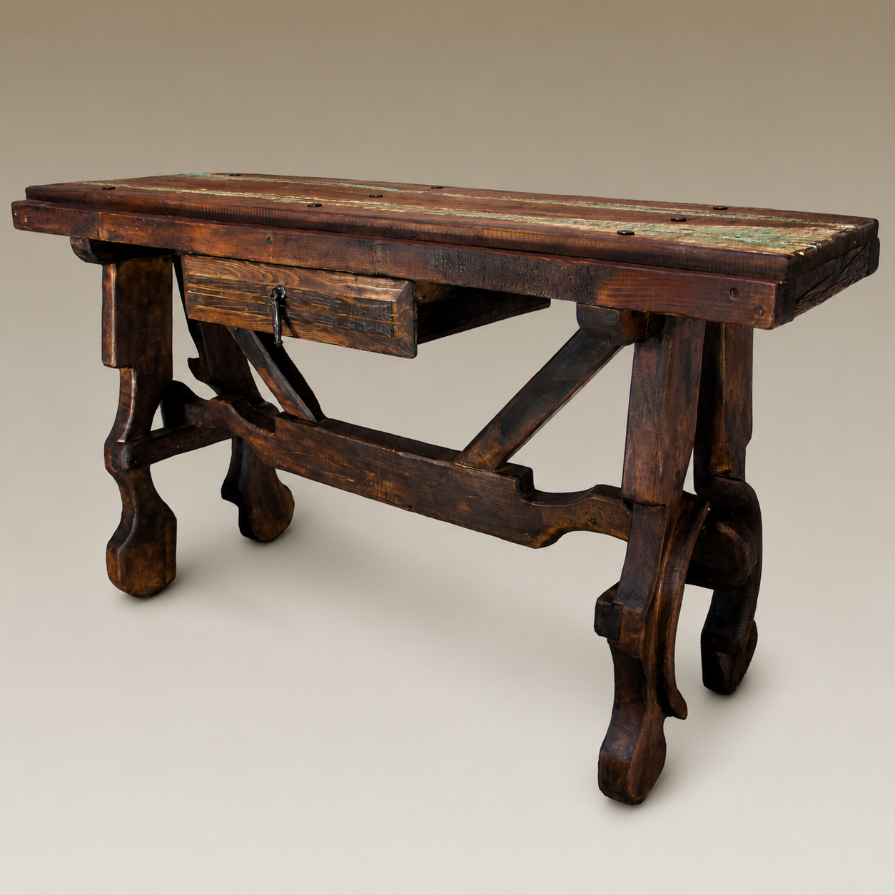 side view of rustic Spanish style old door entry table with center drawer