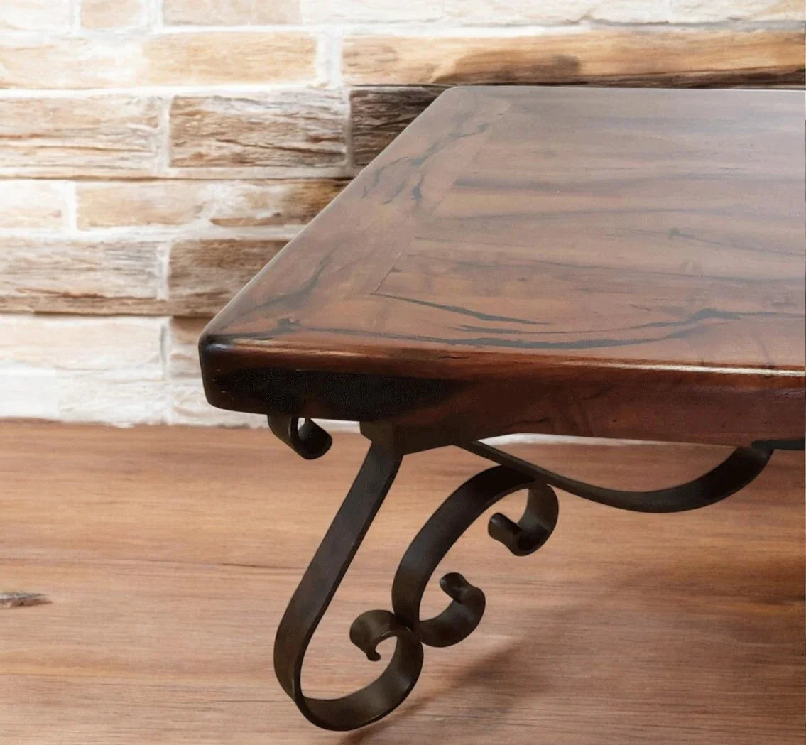 Square reclaimed mesquite wood and wrought iron coffee table detail - Your Western Decor