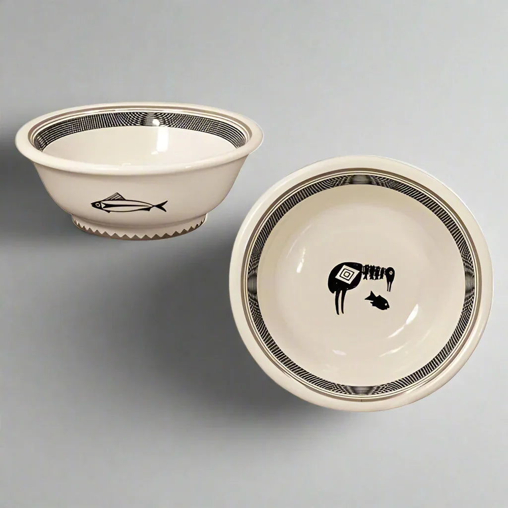 American made Mimbreño Fish in Neck Footed Serving Bowl black and white - Your Western Decor