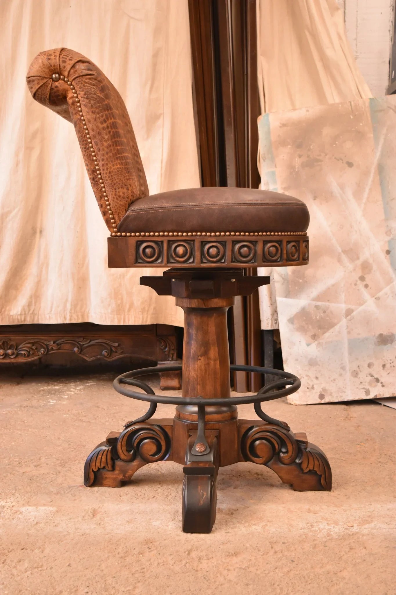 Monje Hand Carved Leather Bar Stool - Your Western Decor
