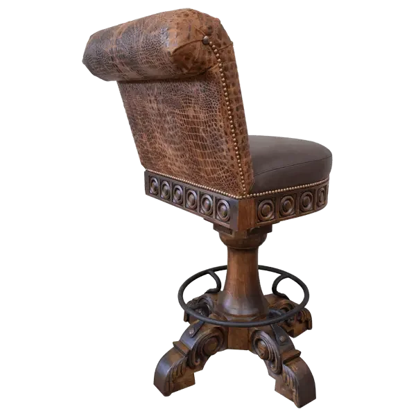 Brown leather bar stool with decorative backrest and base on a white background - Your Western Decor