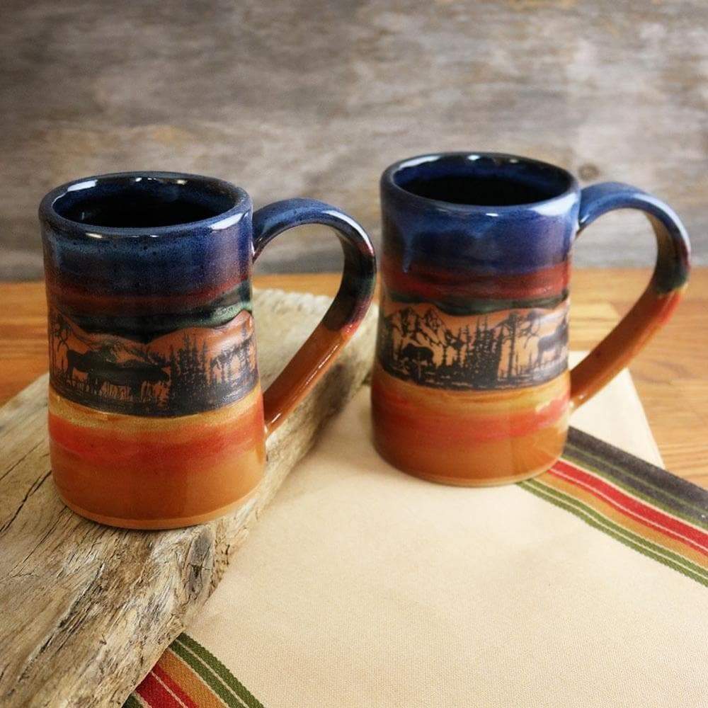 Handmade pottery beer tankards with moose. Made in the USA. Your Western Decor.