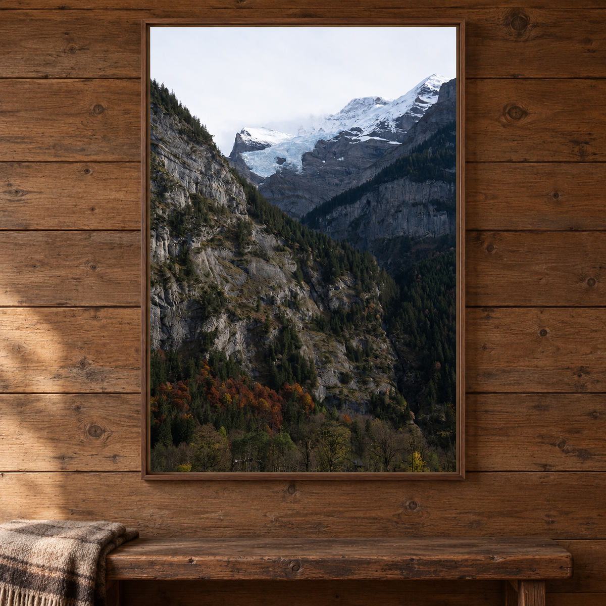Framed canvas art of one autumn mountain and one winter mountain coming together