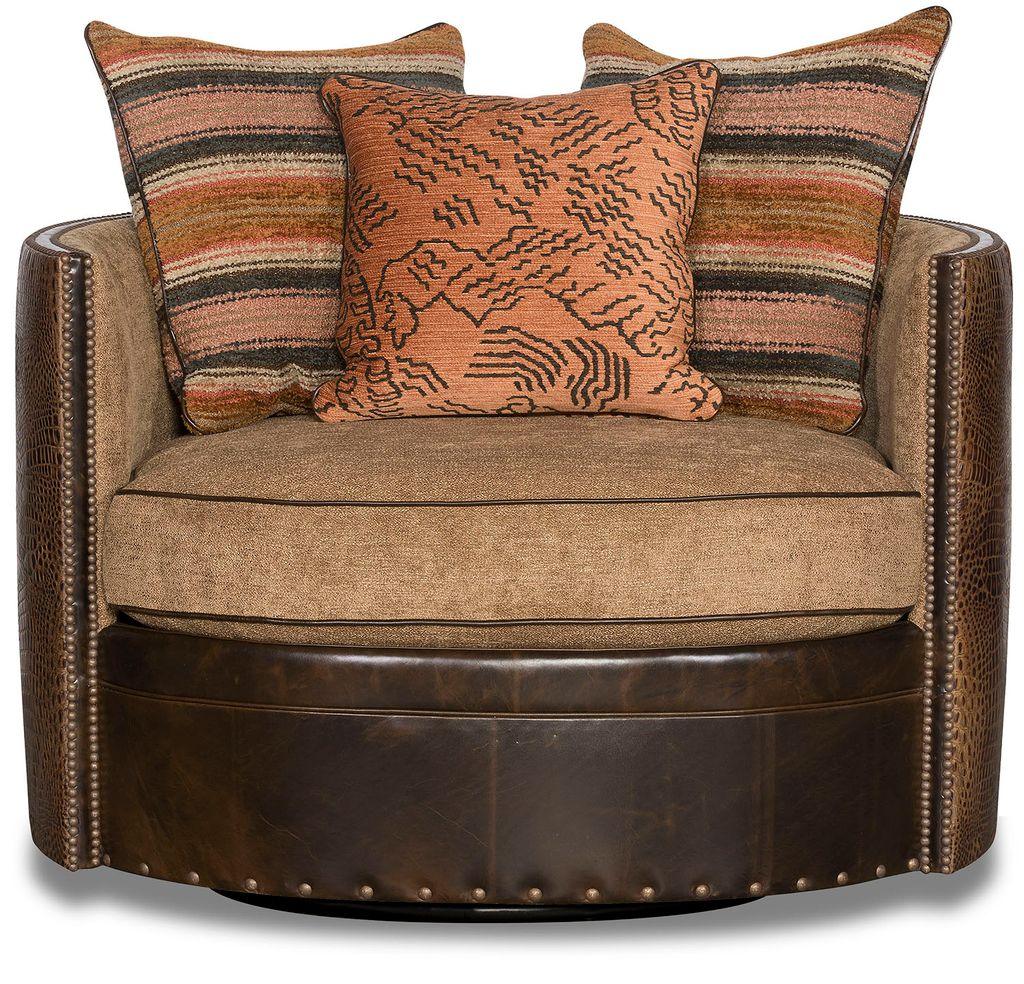 American made Mountaineer Leather & Fabric Swivel Barrel Chair front - Your Western Decor