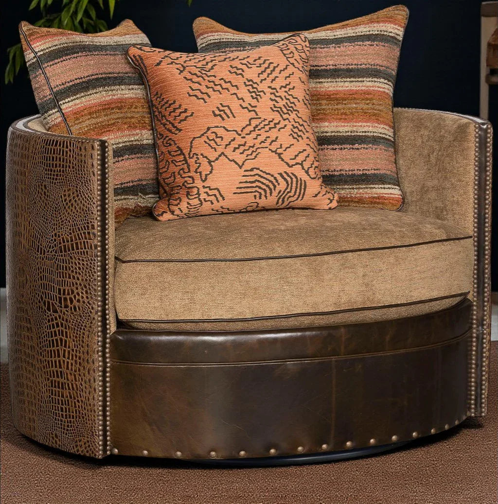 American made Mountaineer Leather & Fabric Swivel Barrel Chair - Your Western Decor