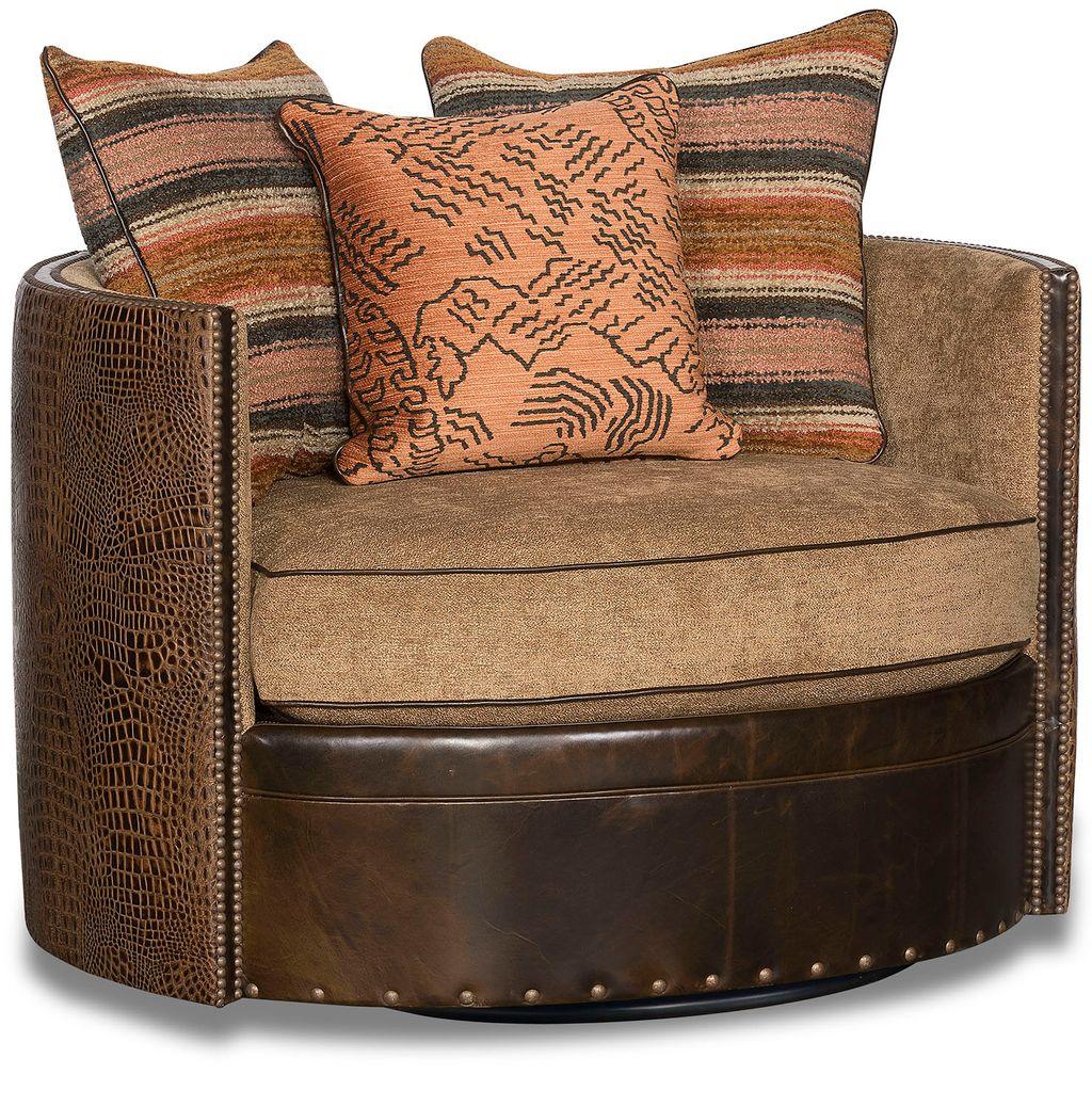 Brown swivel chair with patterned cushions on a white background - Your Western Decor