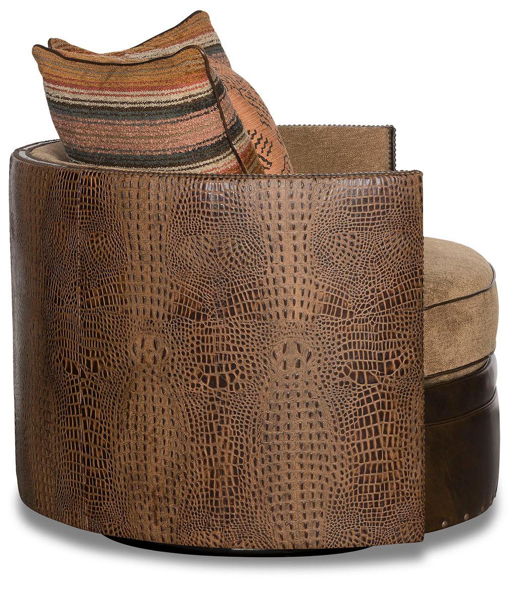 American made Mountaineer Leather & Fabric Swivel Barrel Chair side - Your Western Decor
