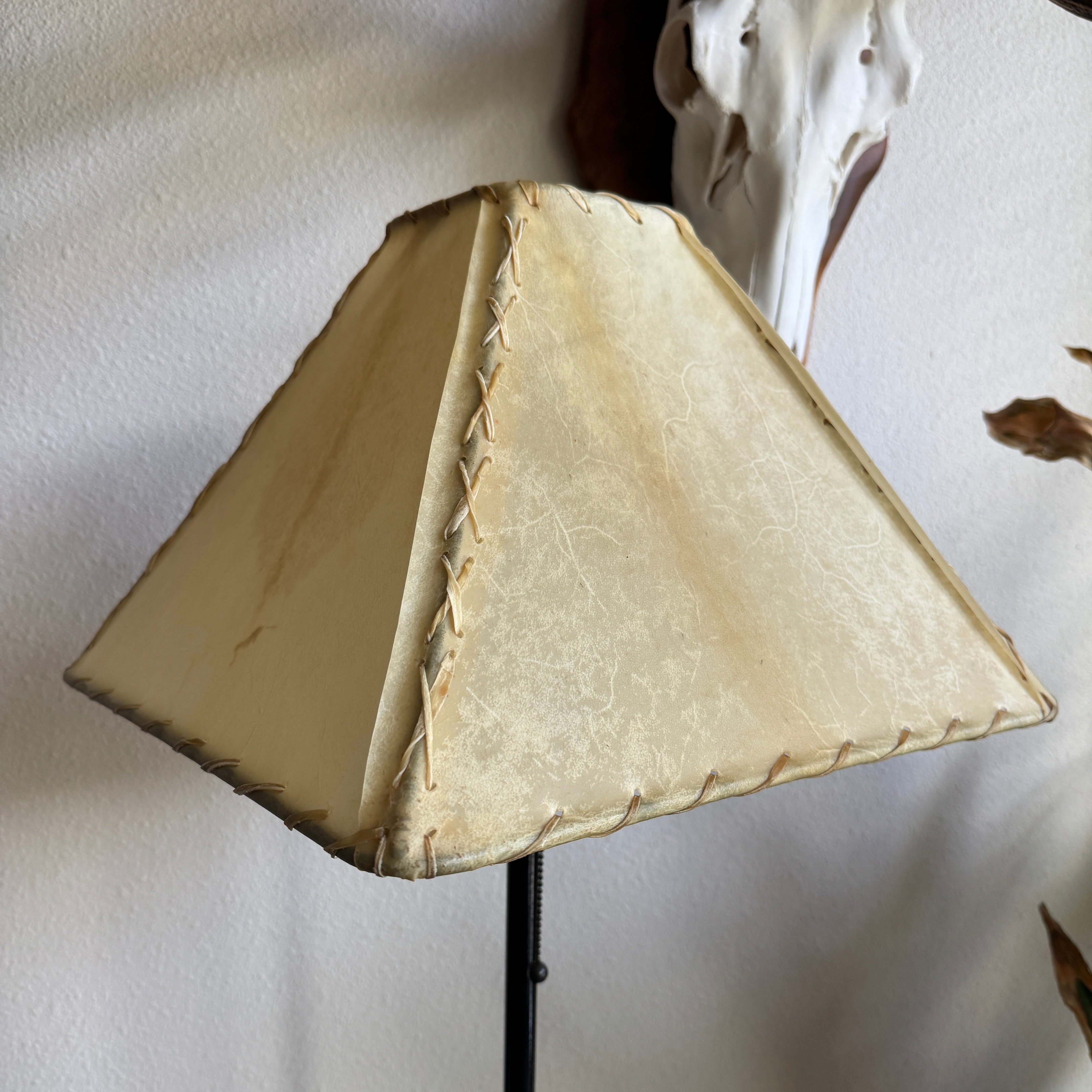 Rawhide square lamp shade in natural color with whip stitching detail, handmade in Mexico