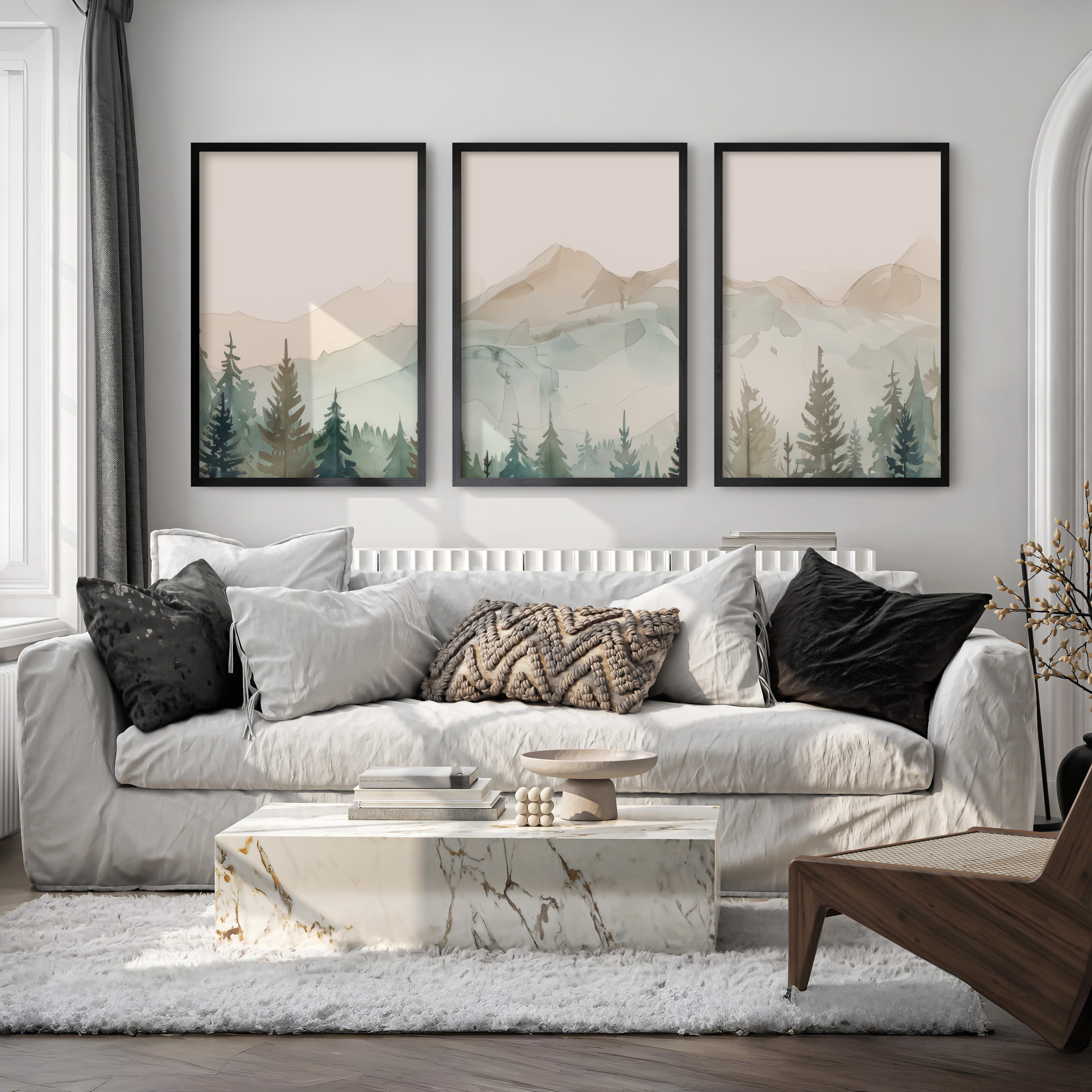 Modern watercolor mountain 3-pc art with black frames